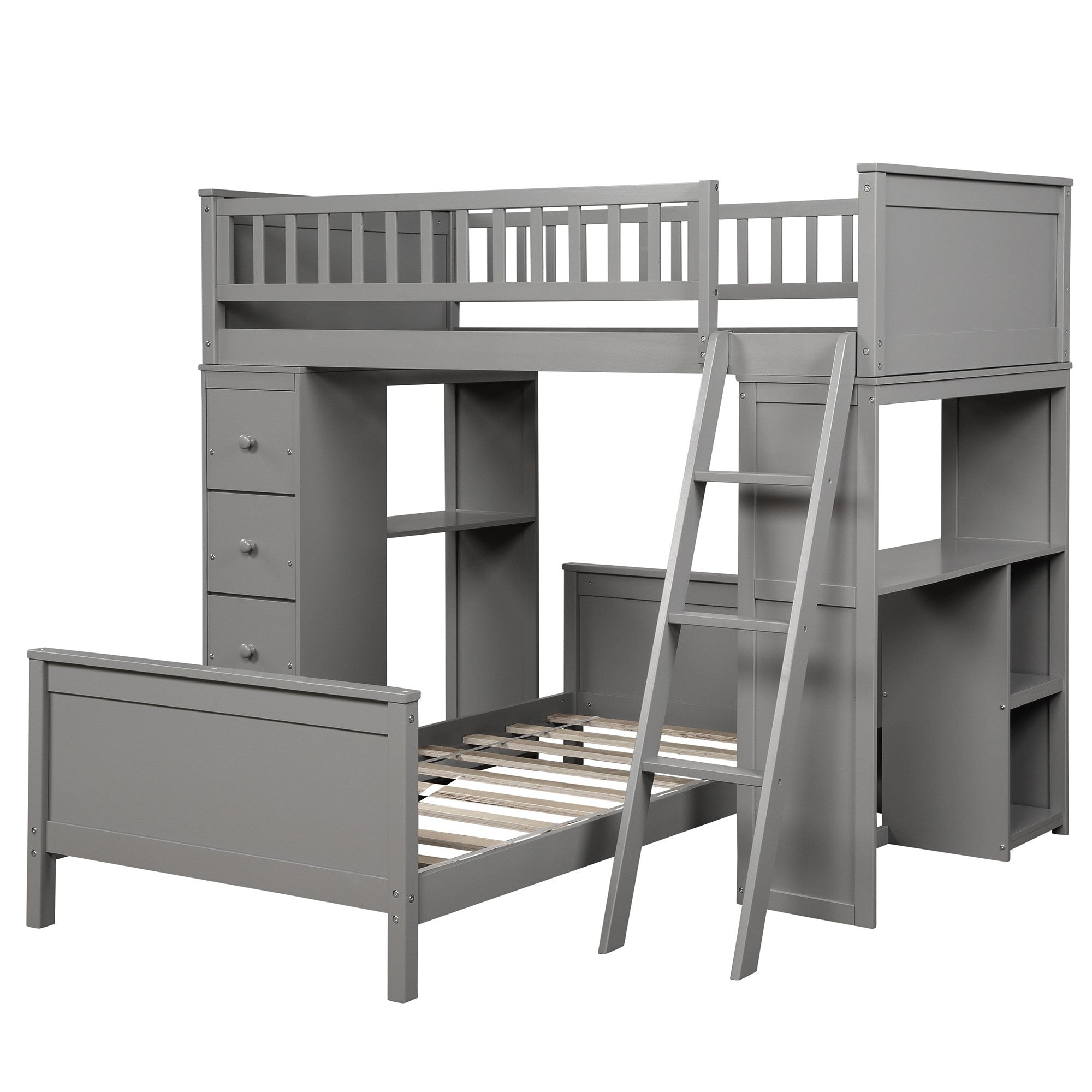 Gray Twin Over Twin Size Bed with Shelves and Drawers