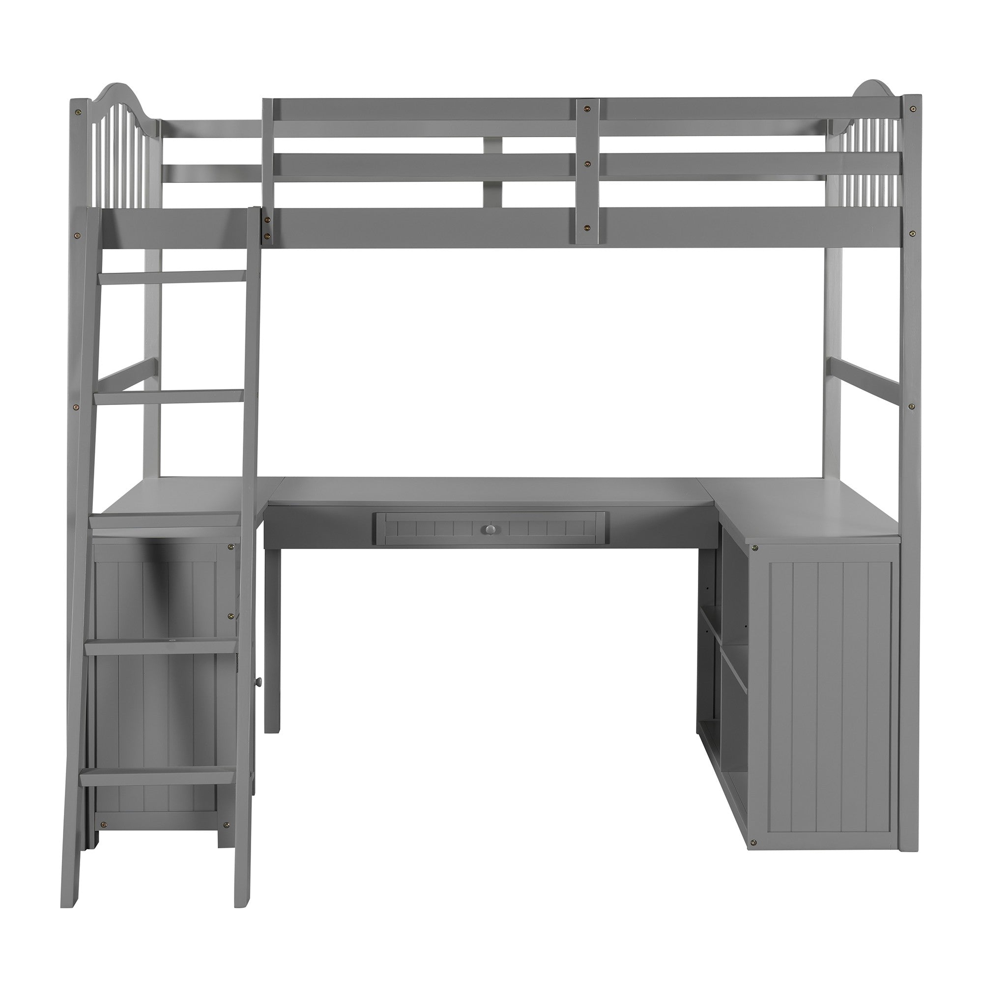 Modern Classic Gray Twin Loft Bed with Book Shelf  Desk and Cabinet