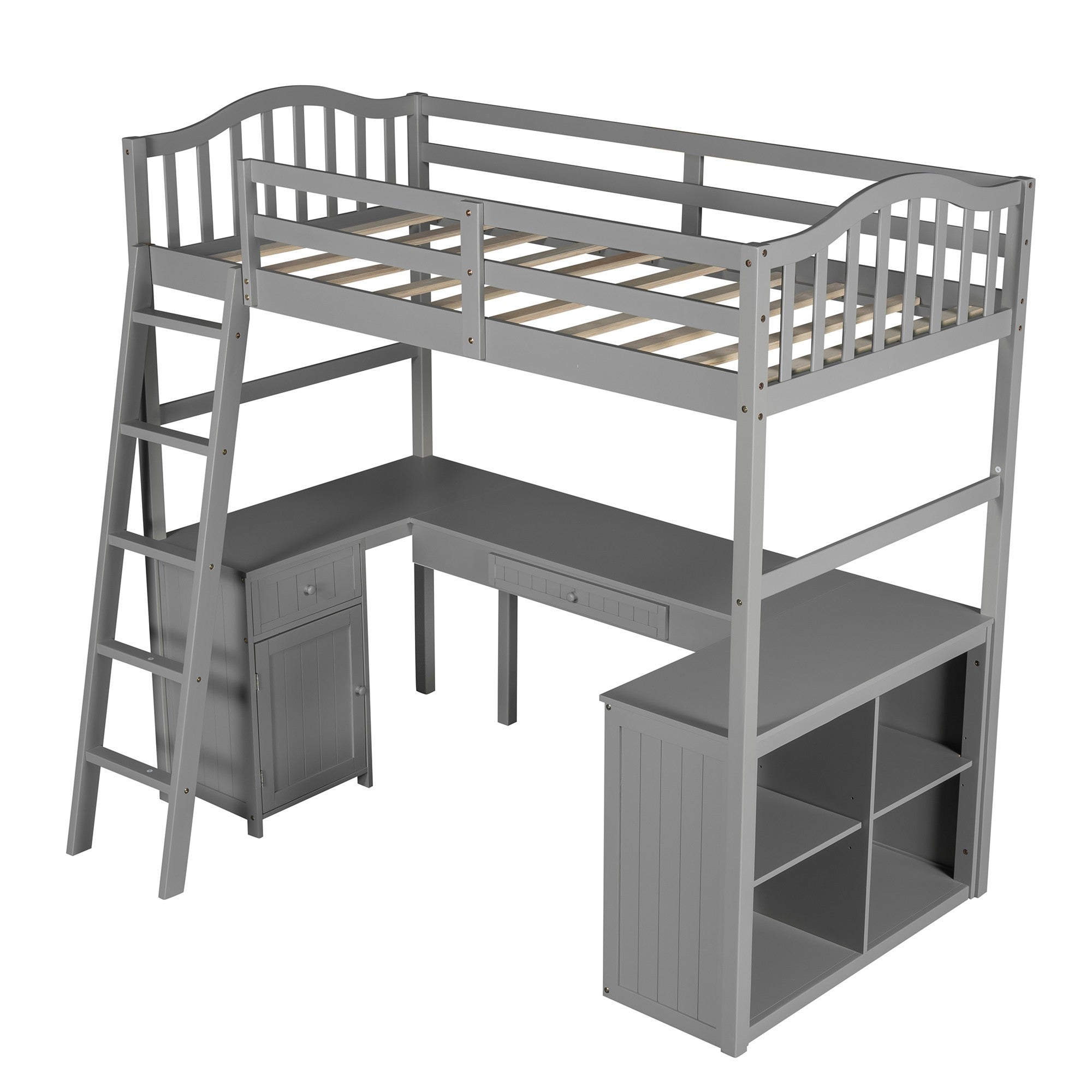 Modern Classic Gray Twin Loft Bed with Book Shelf  Desk and Cabinet Default Title