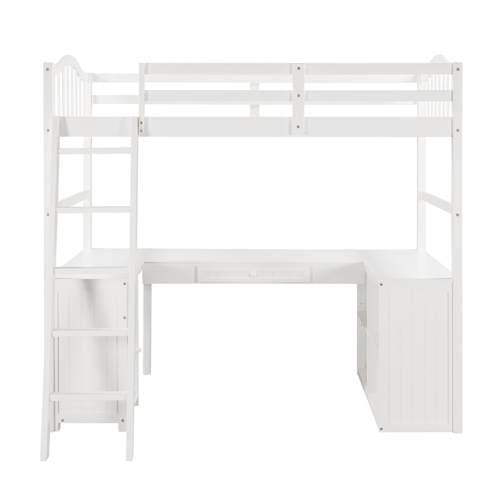 Modern Classic White Twin Loft Bed with Book Shelf  Desk and Cabinet