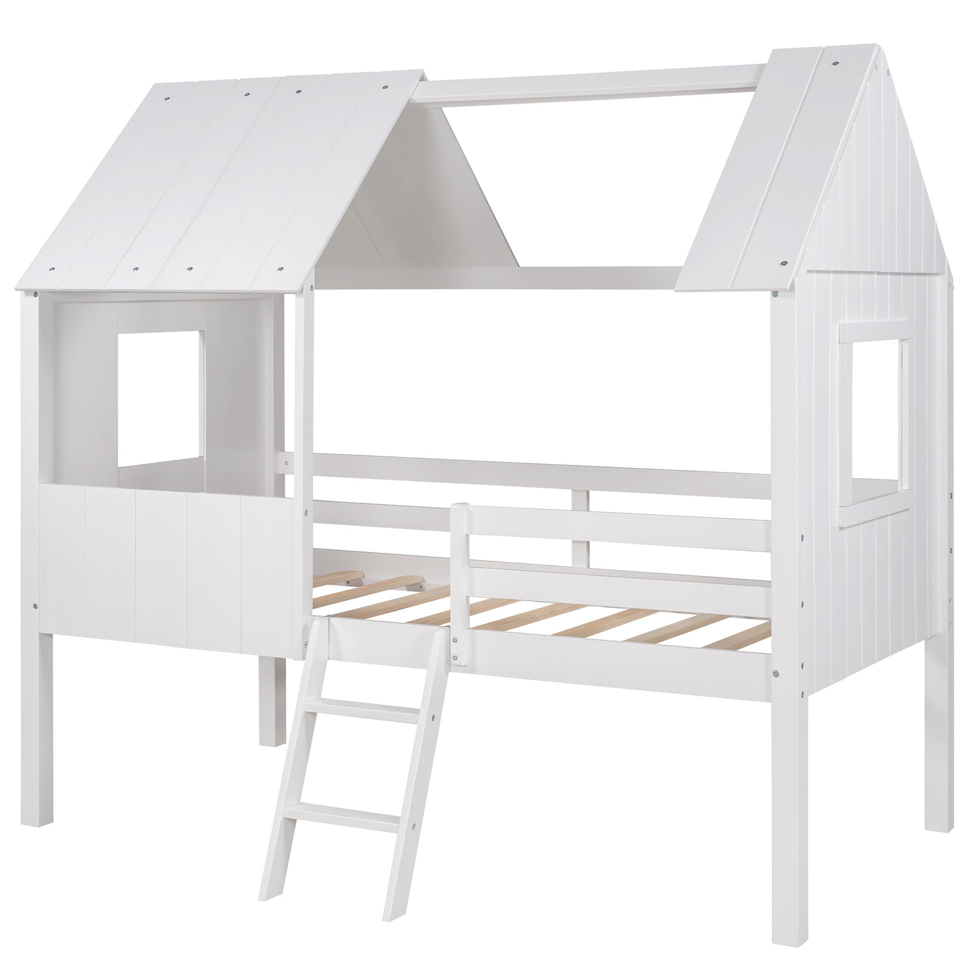 White Twin Size Loft House Bed withSide Windows Default Title