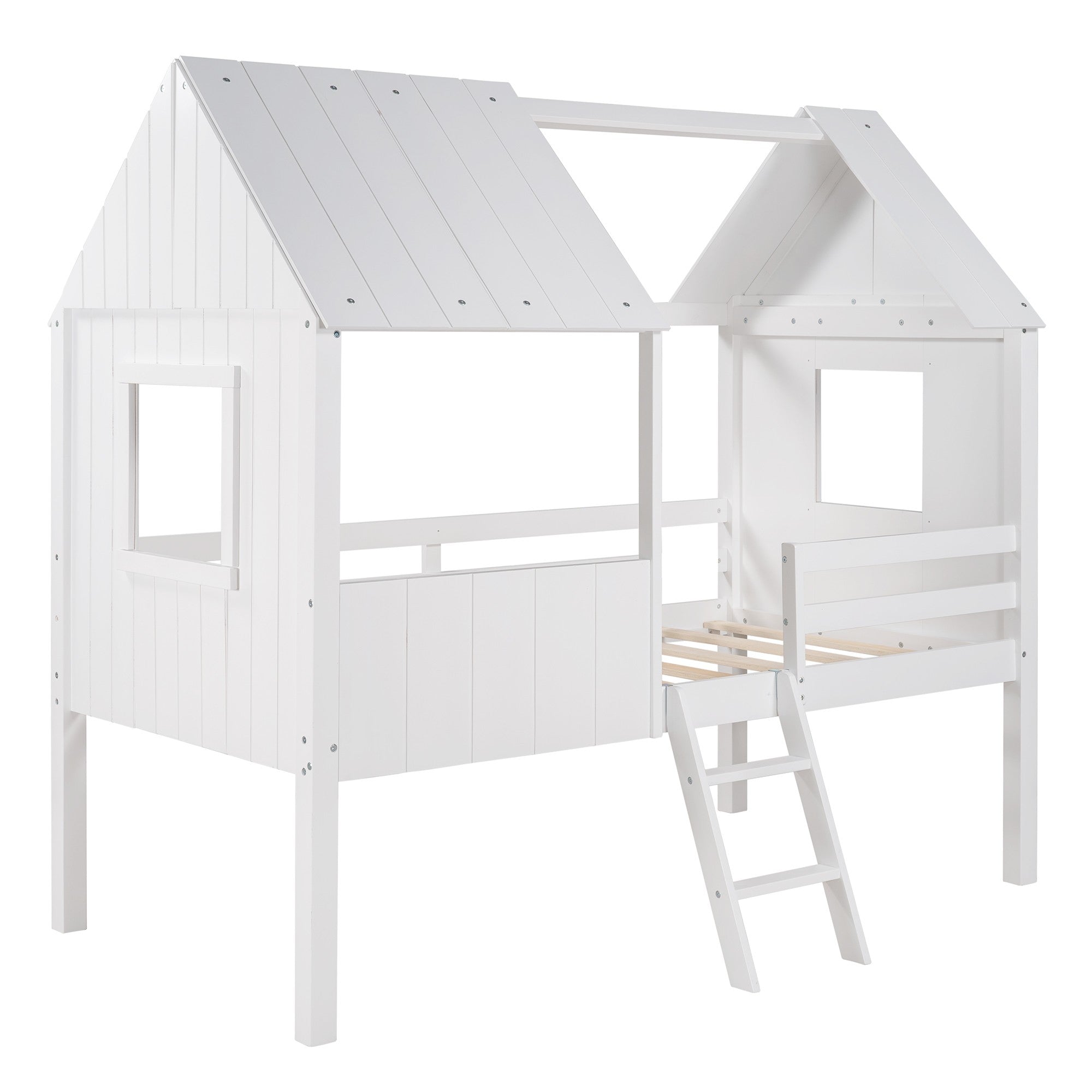 White Twin Size Loft House Bed withSide Windows Default Title