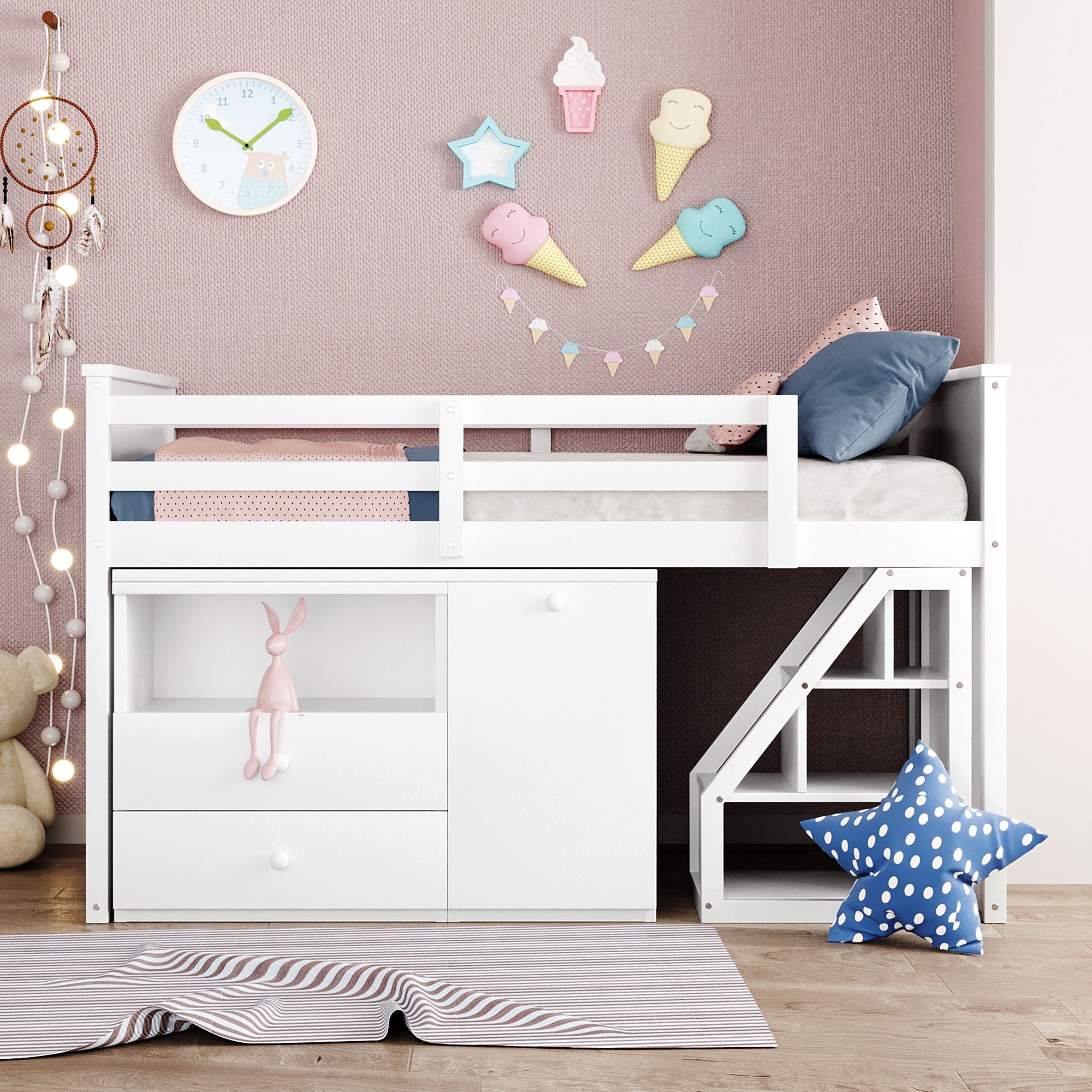 White Twin Size Low Loft Bed With Portable Desk