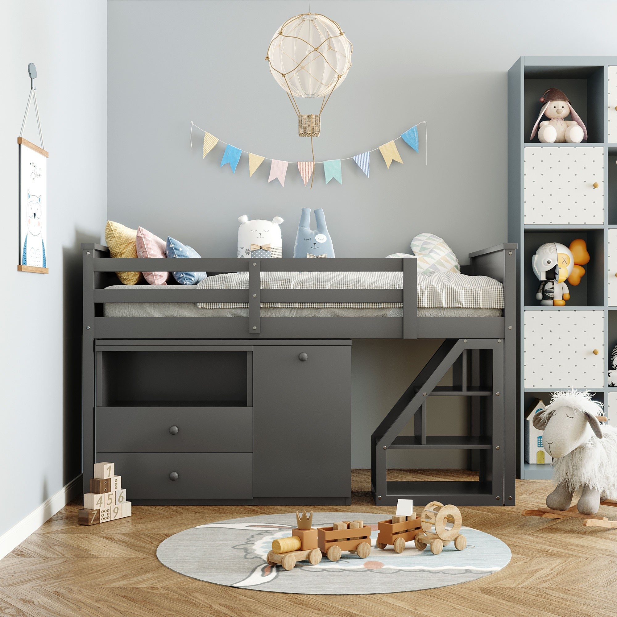 Gray Twin Size Low Loft Bed With Portable Desk Default Title