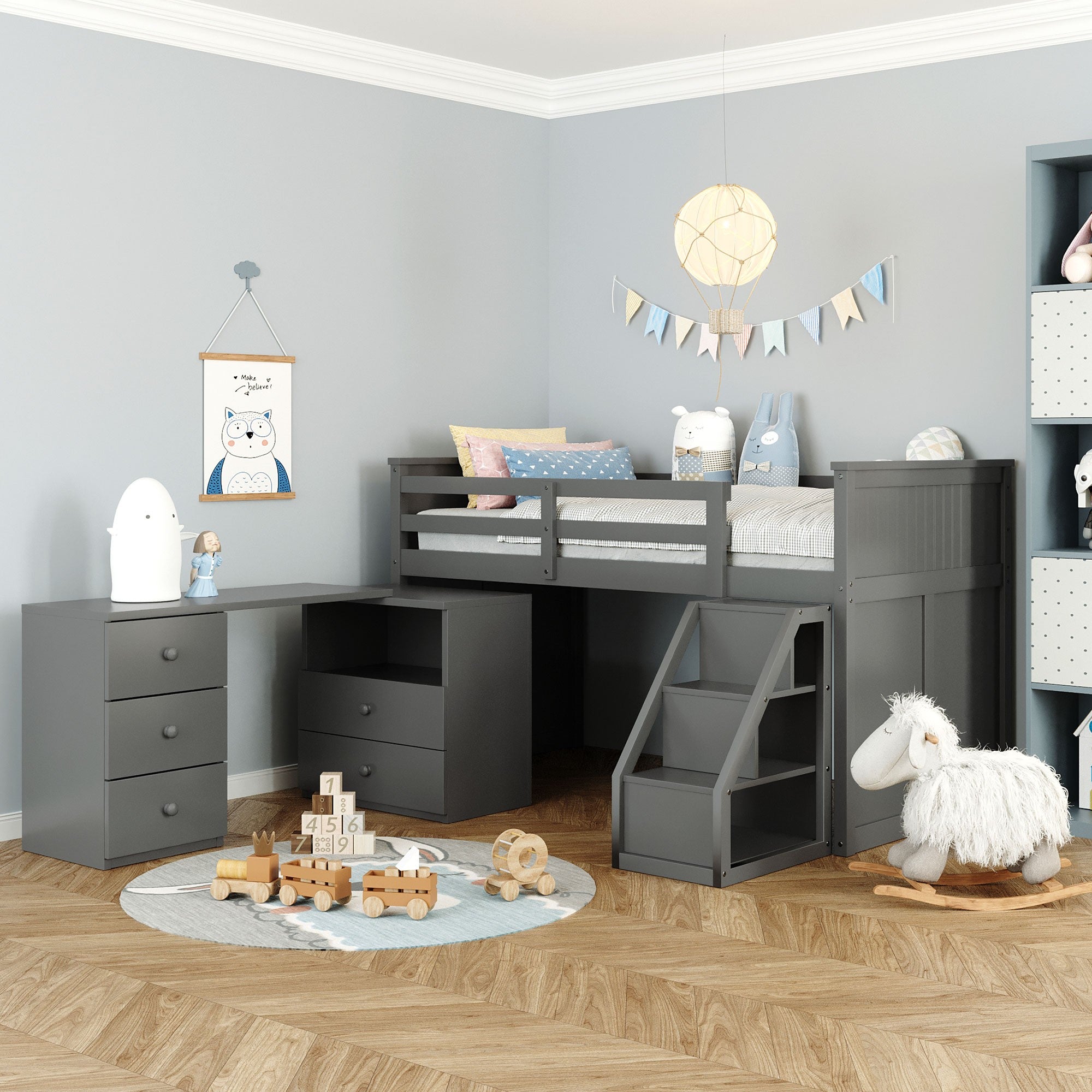 Gray Twin Size Low Loft Bed With Portable Desk Default Title