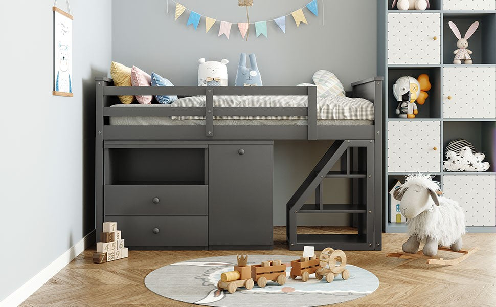 Gray Twin Size Low Loft Bed With Portable Desk