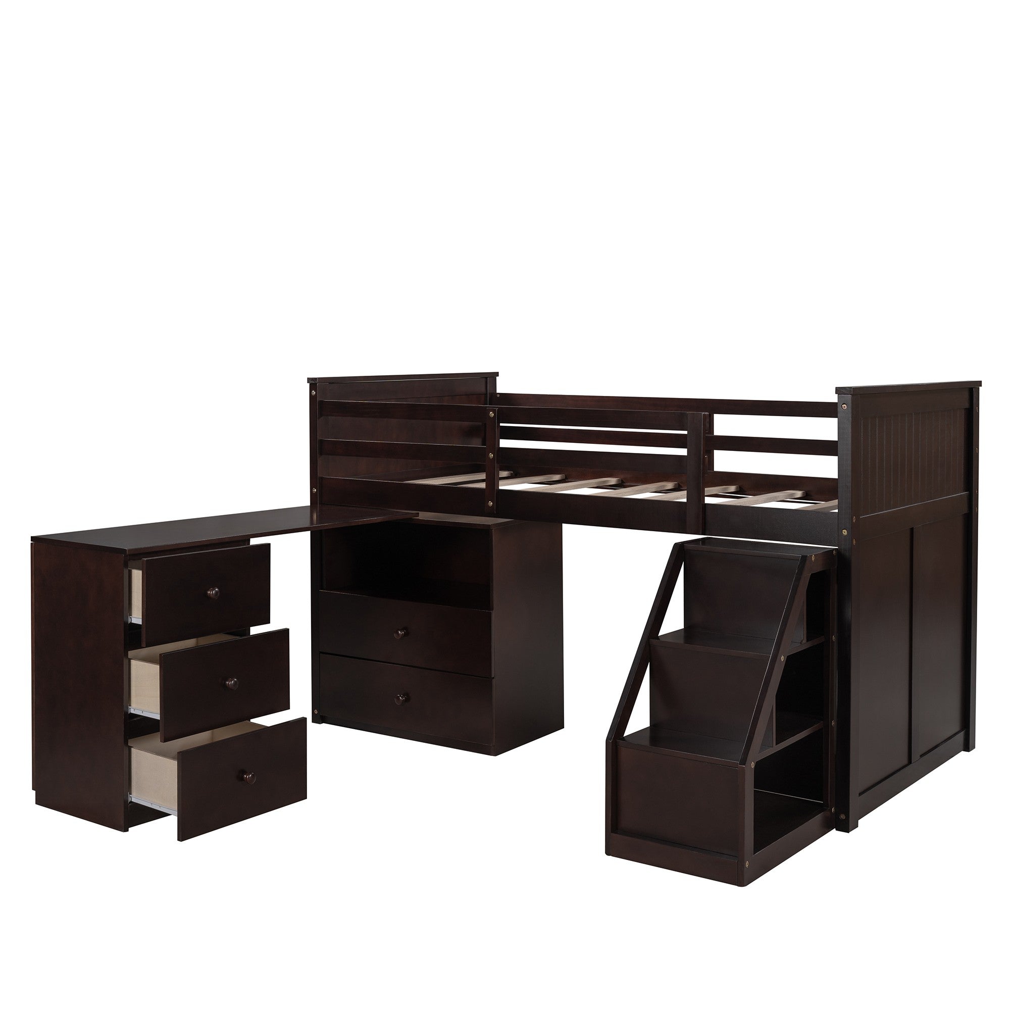 Brown Twin Size Low Loft Bed With Portable Desk Default Title