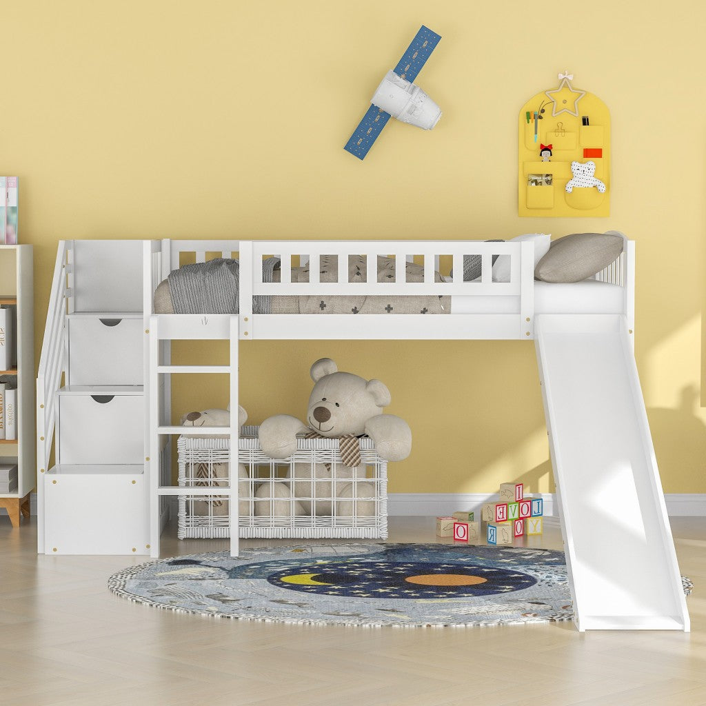 White Twin Size Stairway Loft Bed With Slide