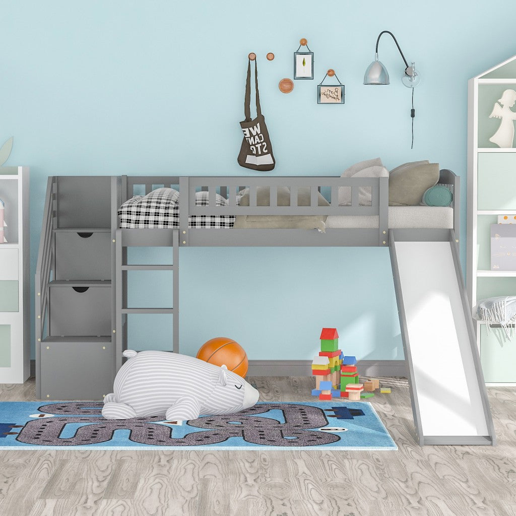 Gray Twin Size Stairway Loft Bed With Slide