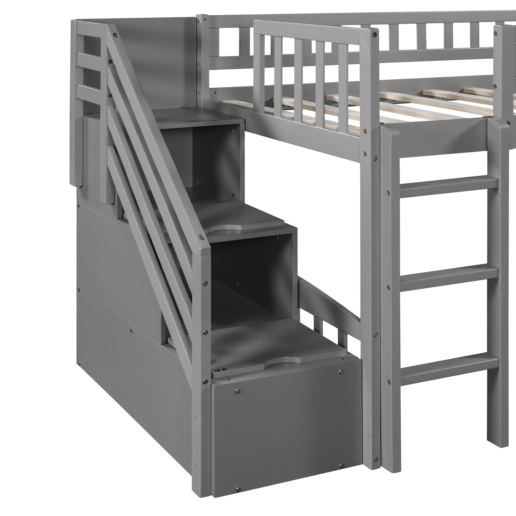 Gray Twin Size Stairway Loft Bed With Slide