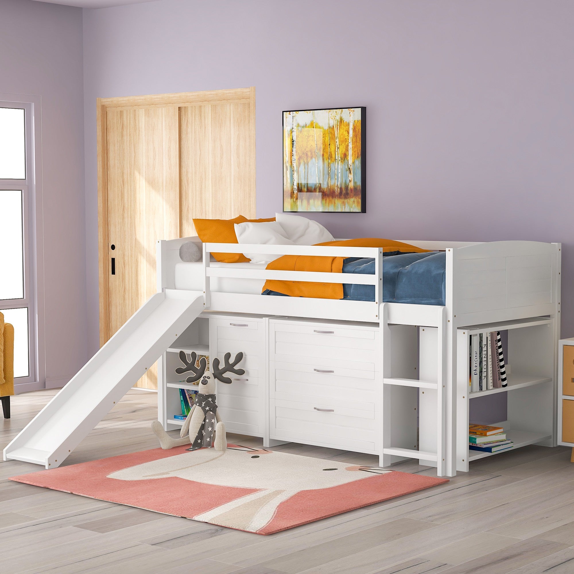 White Twin Size Low Loft Bed With Cabinets and Slide Default Title