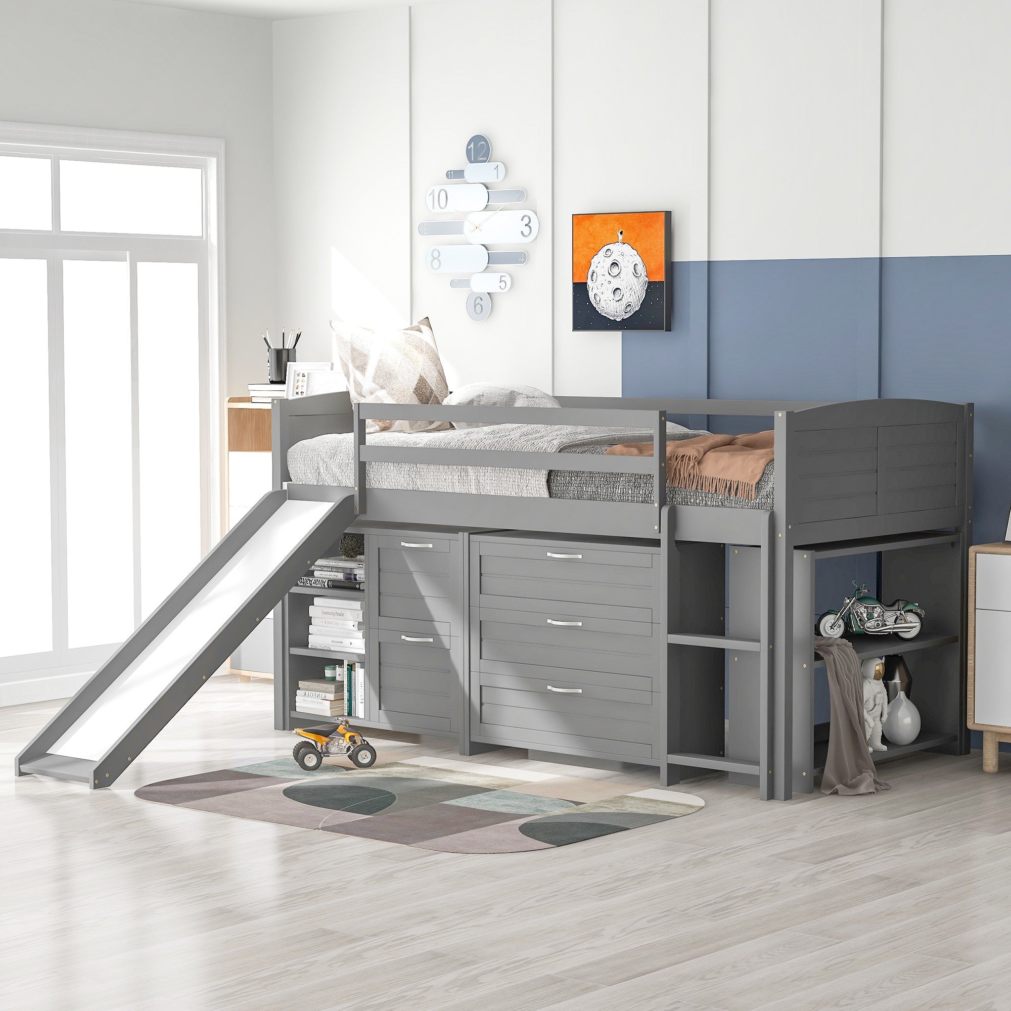 Gray Twin Size Low Loft Bed With Cabinets and Slide Default Title