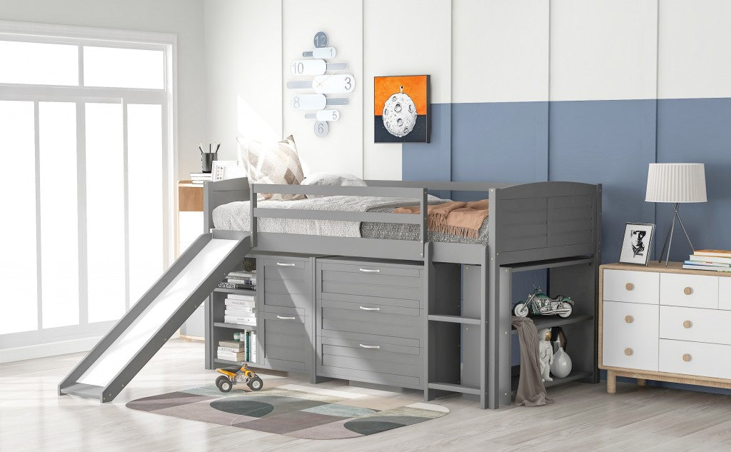 Gray Twin Size Low Loft Bed With Cabinets and Slide Default Title