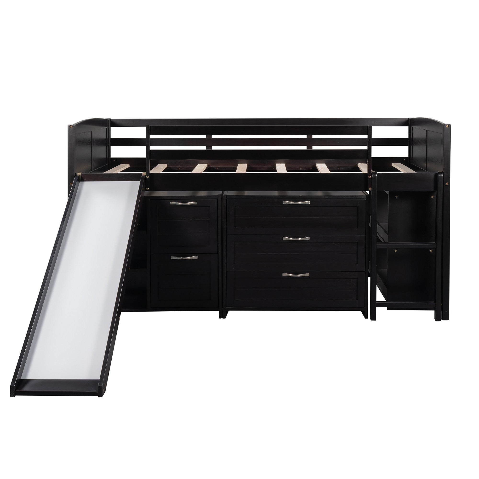Brown Twin Size Low Loft Bed With Cabinets and Slide