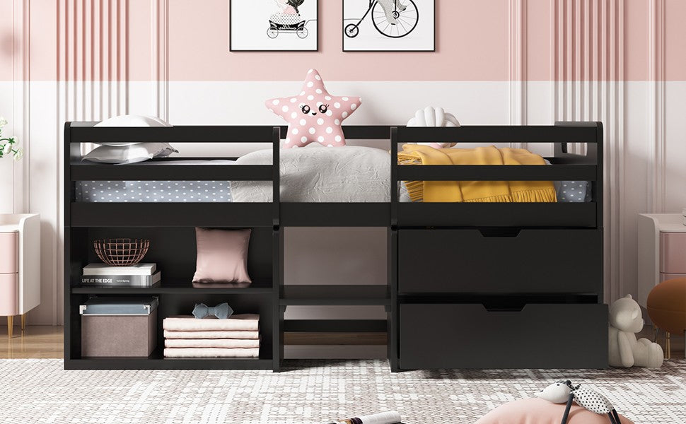 Brown Twin Size Low Loft Bed With Shelves and Drawers