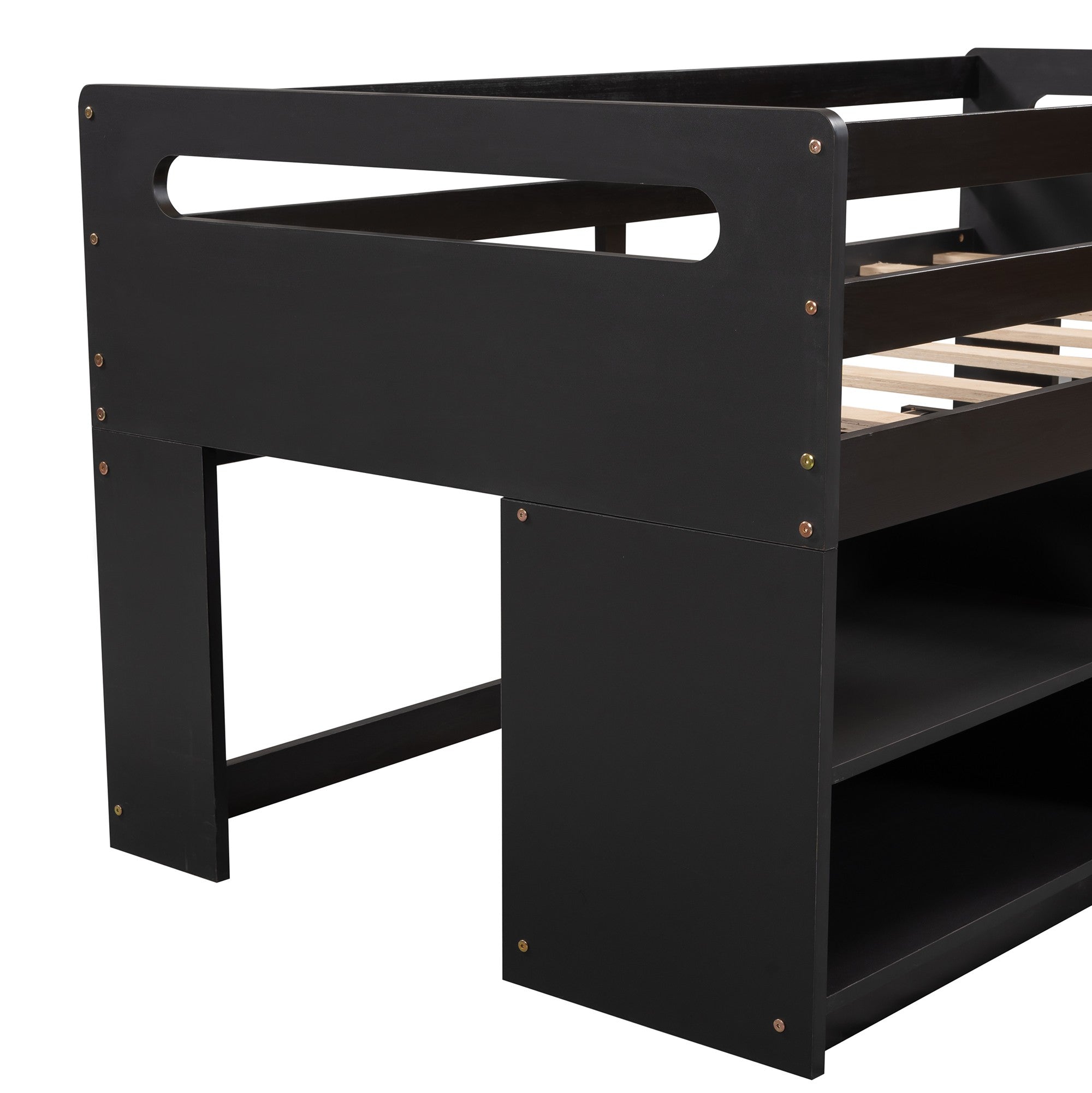 Brown Twin Size Low Loft Bed With Shelves and Drawers