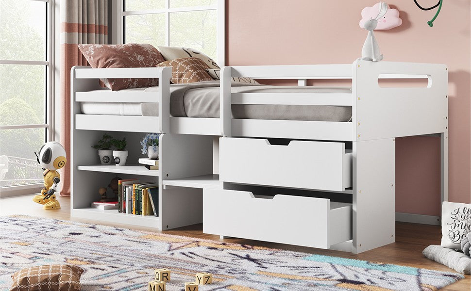 White Twin Size Low Loft Bed With Shelves and Drawers