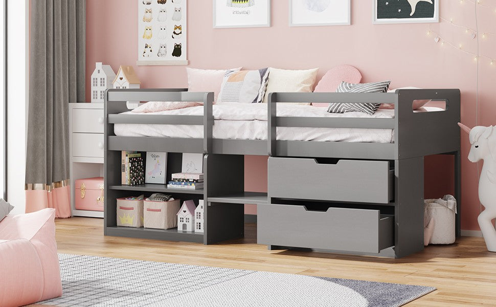 Gray Twin Size Low Loft Bed With Shelves and Drawers Default Title