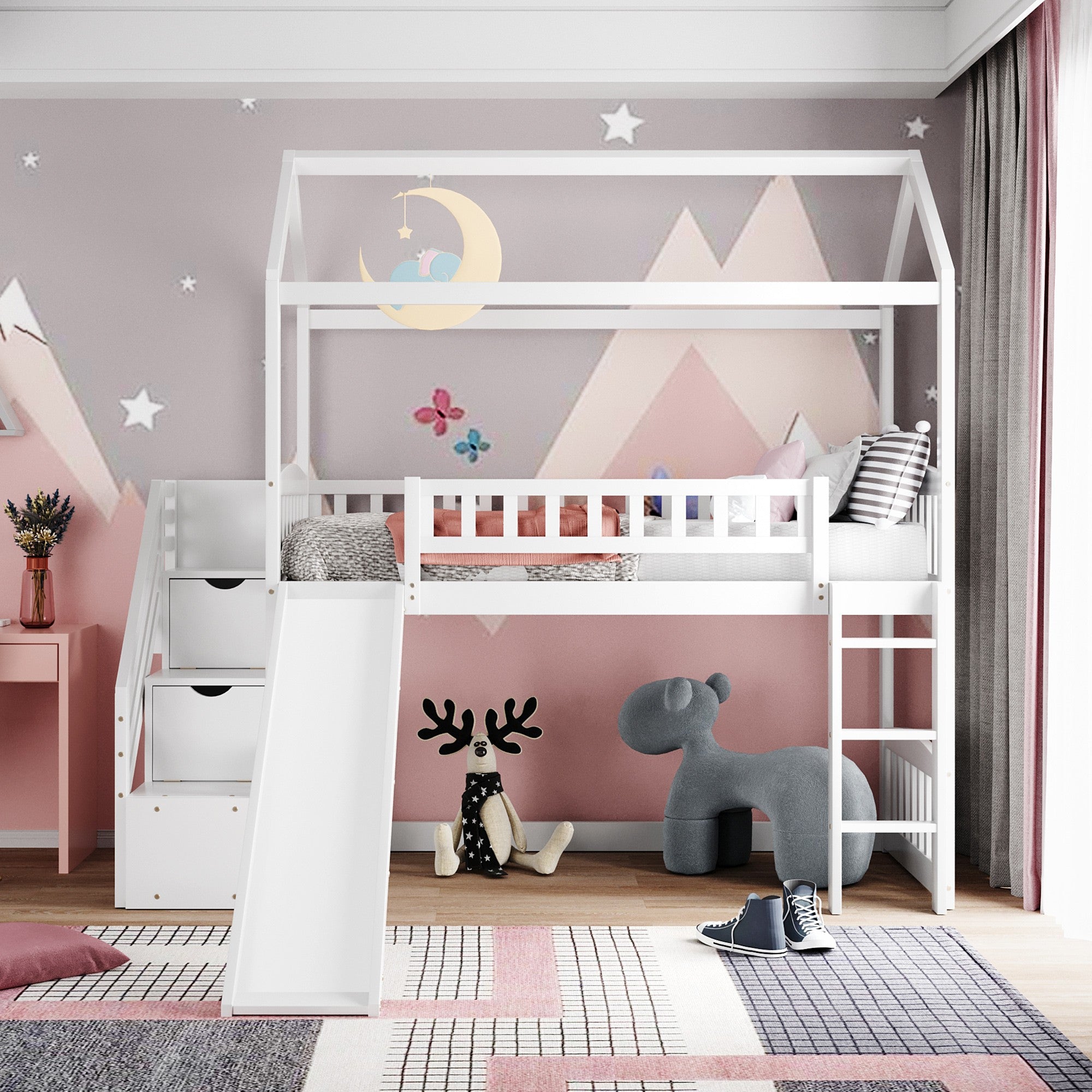 White Twin Size Playhouse Loft Bed With Drawers and Slide Default Title