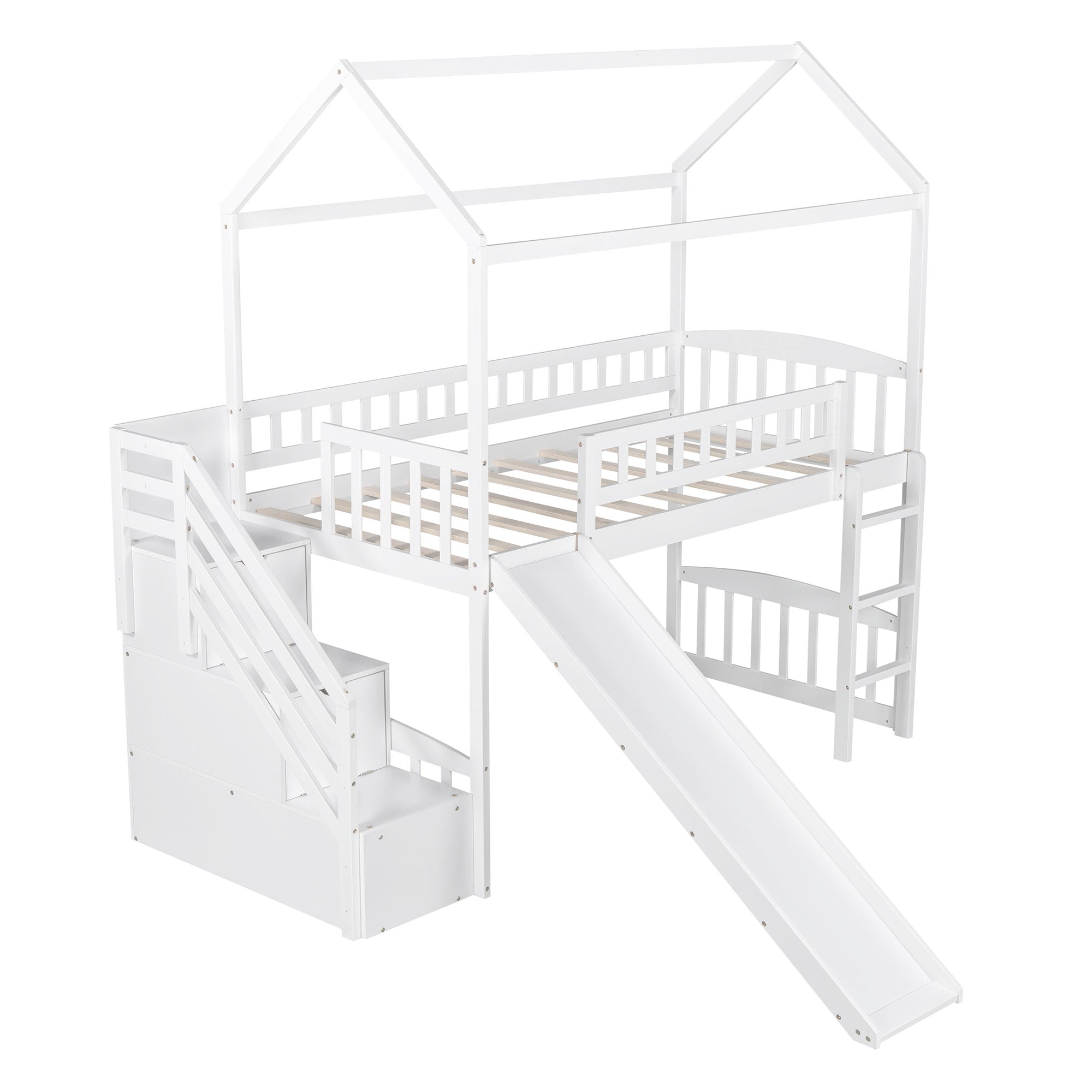 White Twin Size Playhouse Loft Bed With Drawers and Slide Default Title