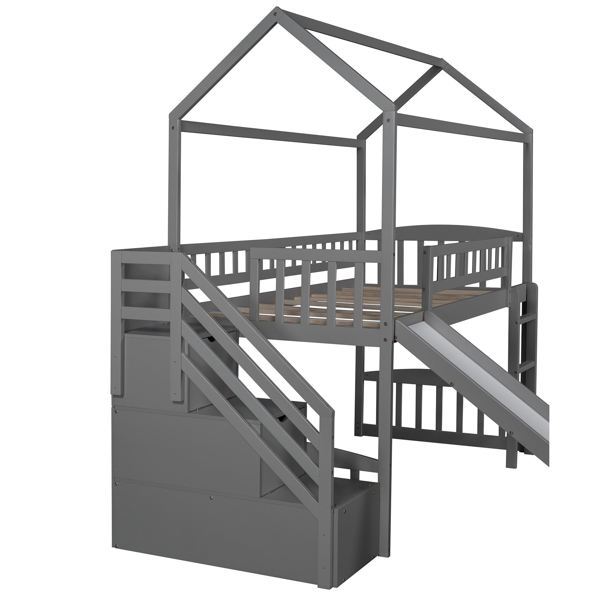 Gray Twin Size Playhouse Loft Bed With Drawers and Slide