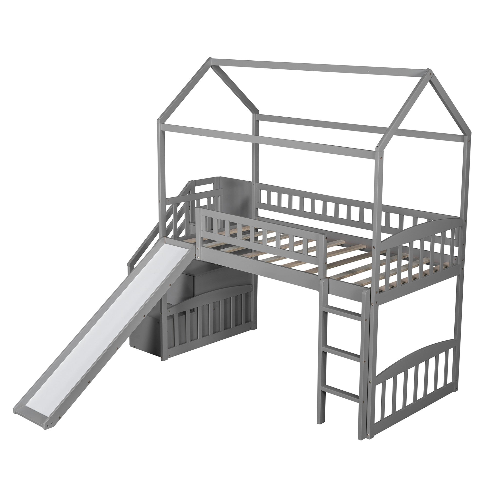 Gray Twin Size Playhouse Loft Bed With Drawers and Slide