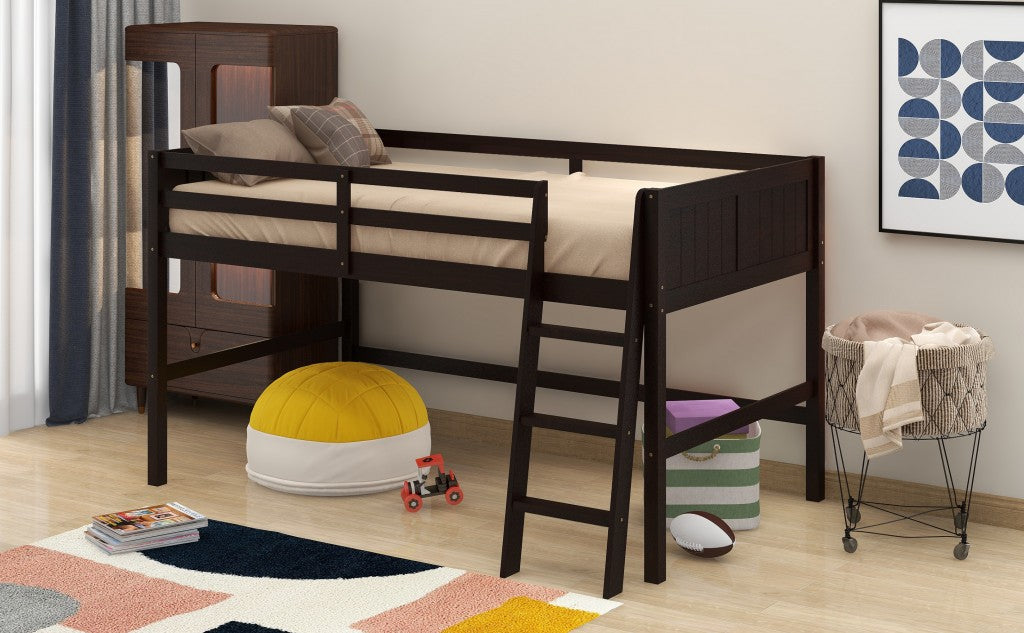 Brown Twin Size Low Loft Bed With Ladder