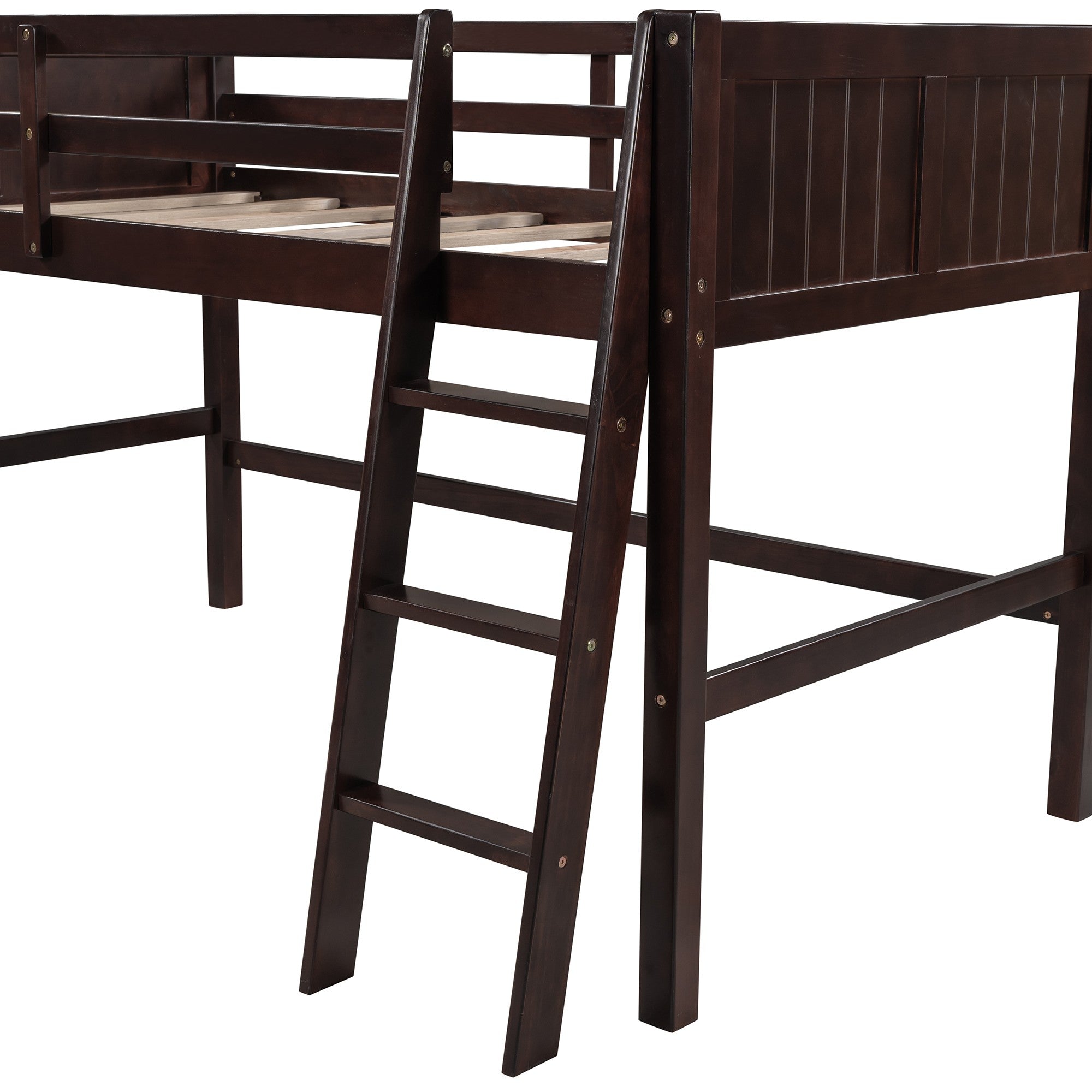 Brown Twin Size Low Loft Bed With Ladder