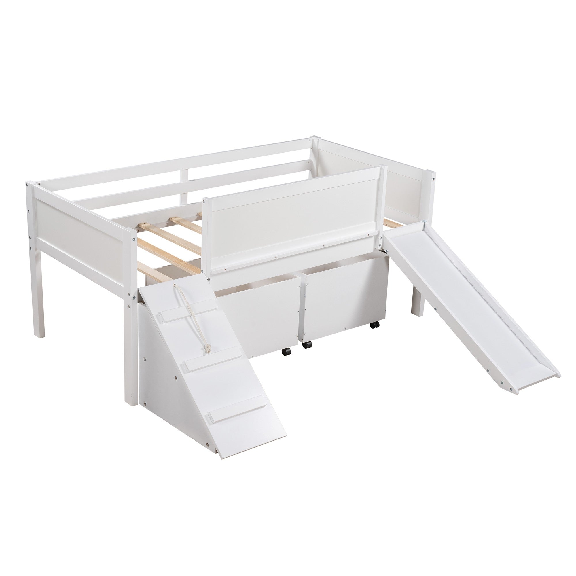 White Twin Size Low Slide Loft Bed With Storage Boxes