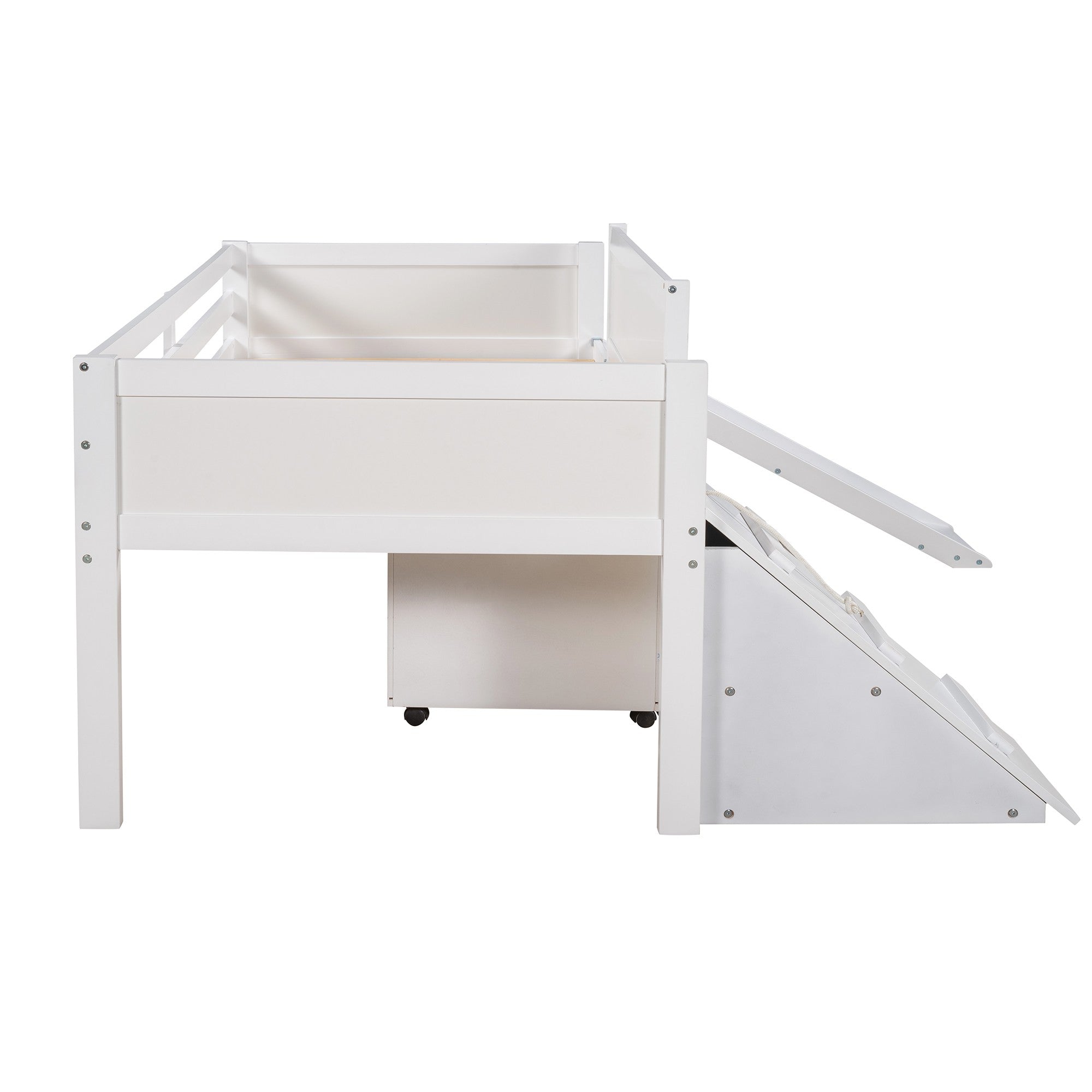 White Twin Size Low Slide Loft Bed With Storage Boxes Default Title