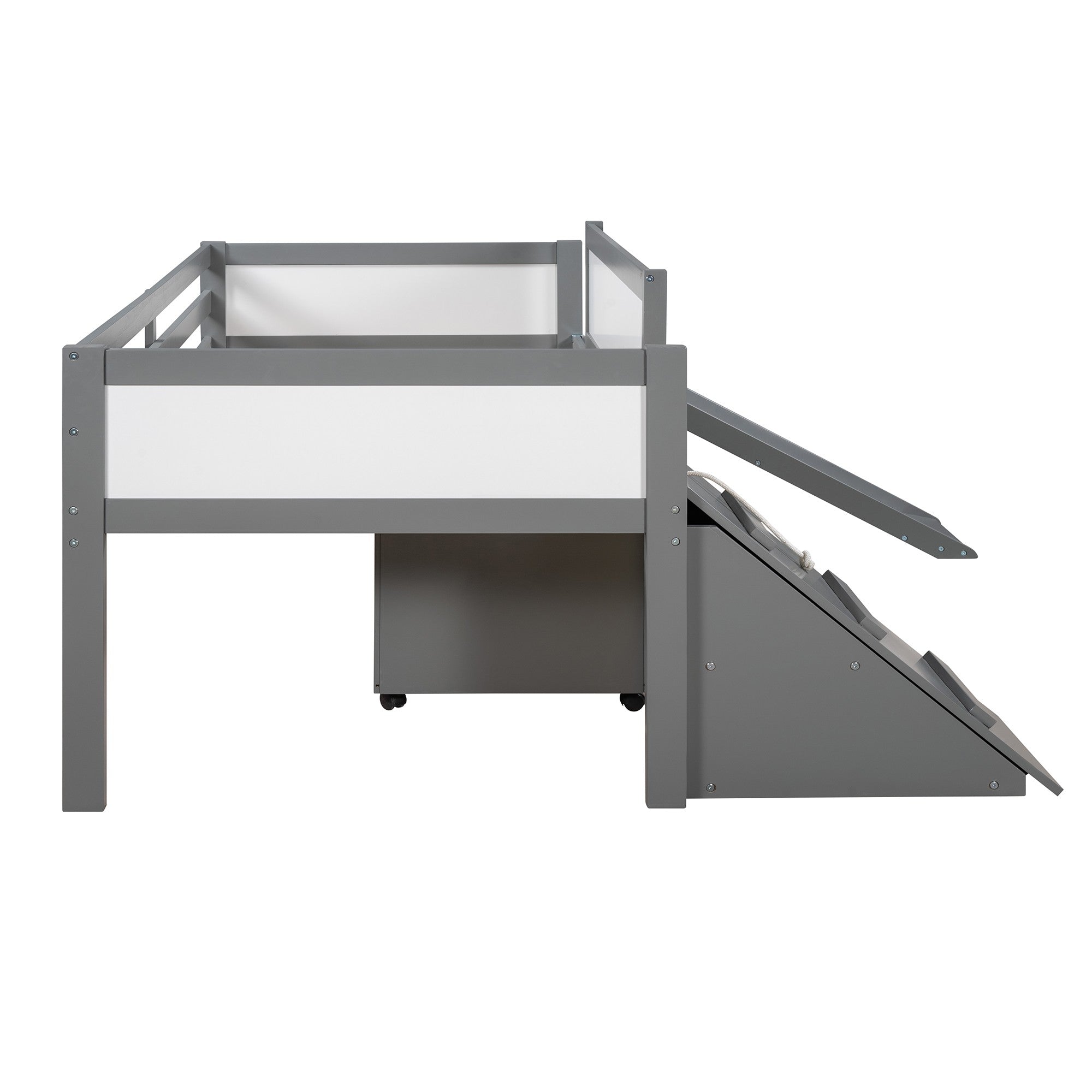 Gray Twin Size Low Slide Loft Bed With Storage Boxes
