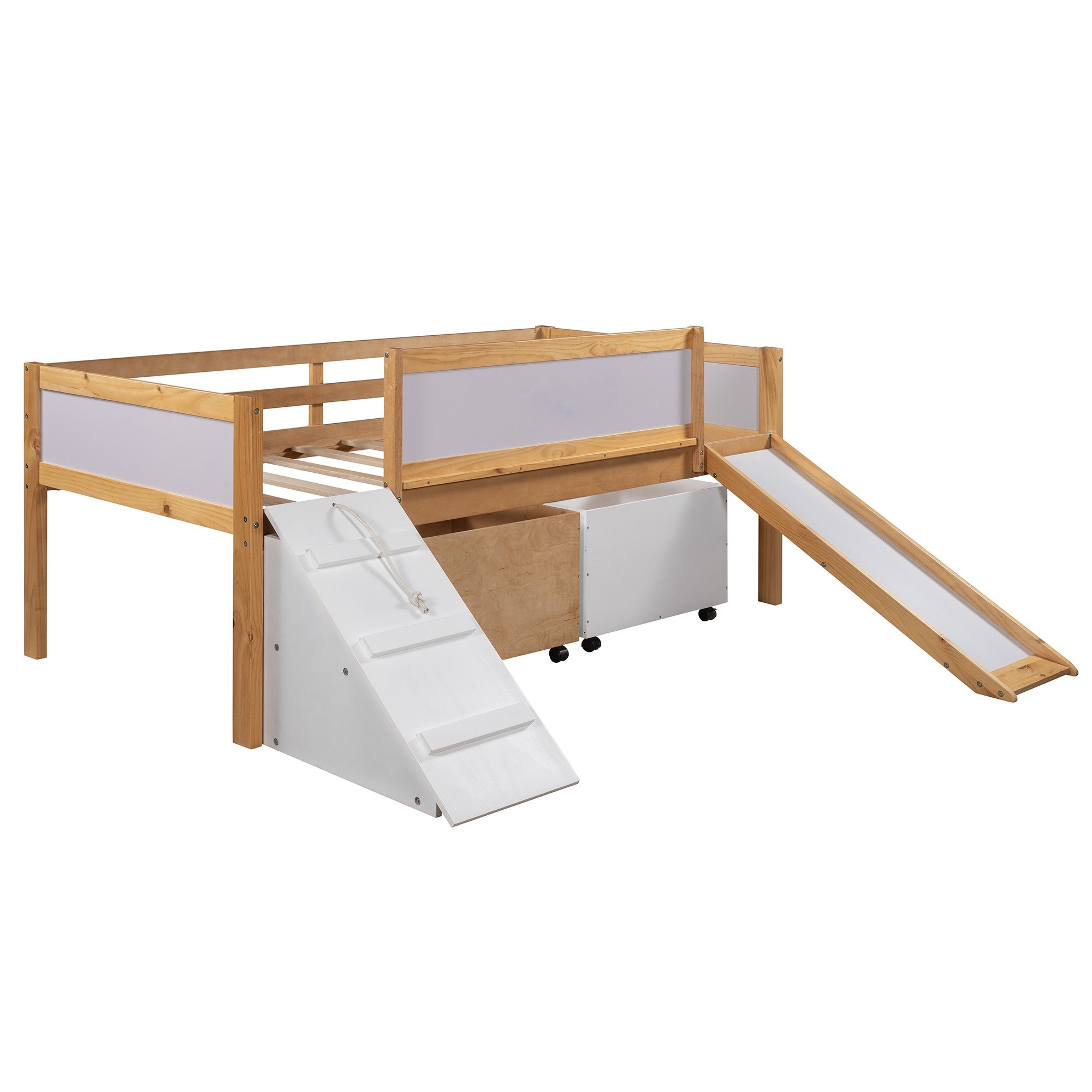 Natural Twin Size Low Slide Loft Bed With Storage Boxes
