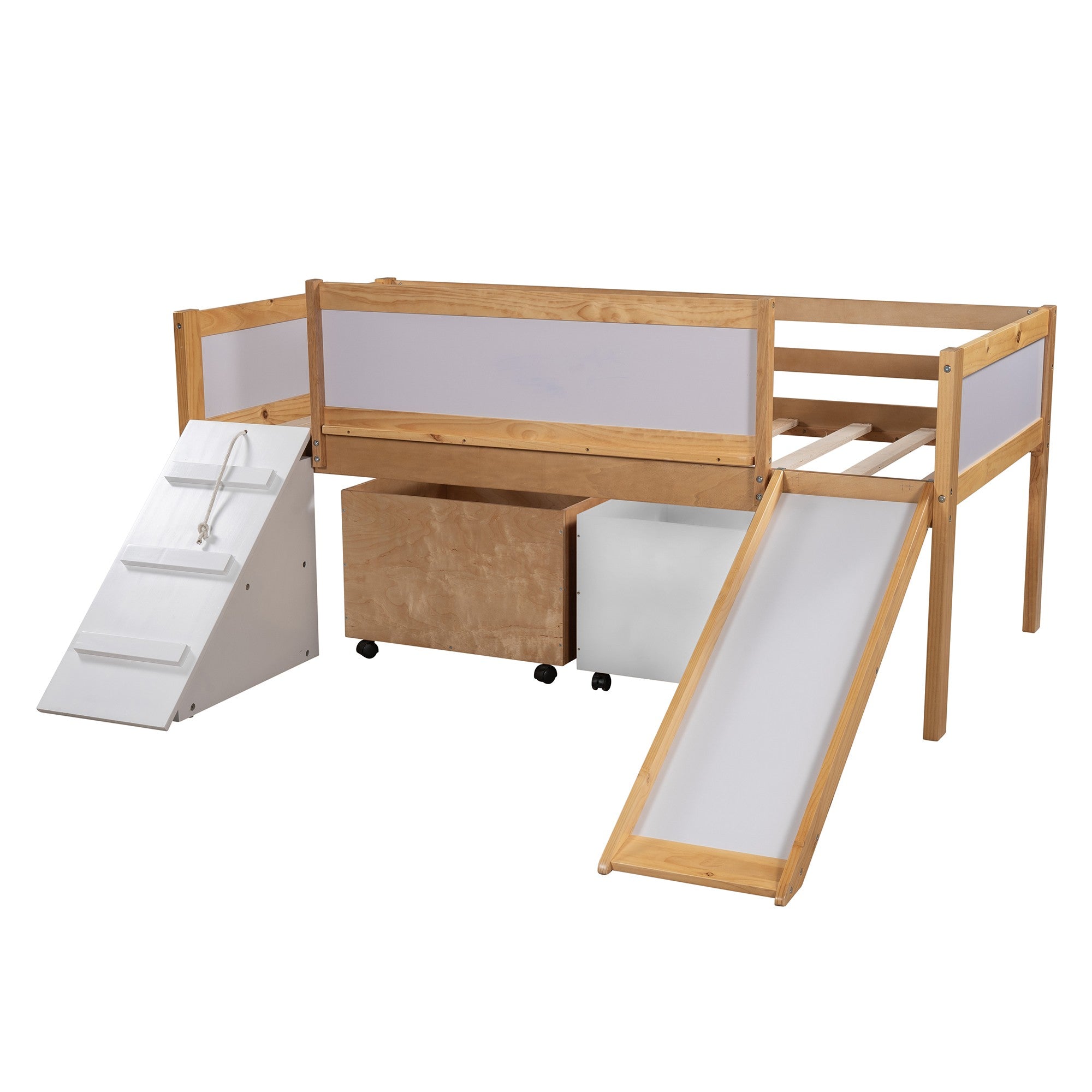 Natural Twin Size Low Slide Loft Bed With Storage Boxes