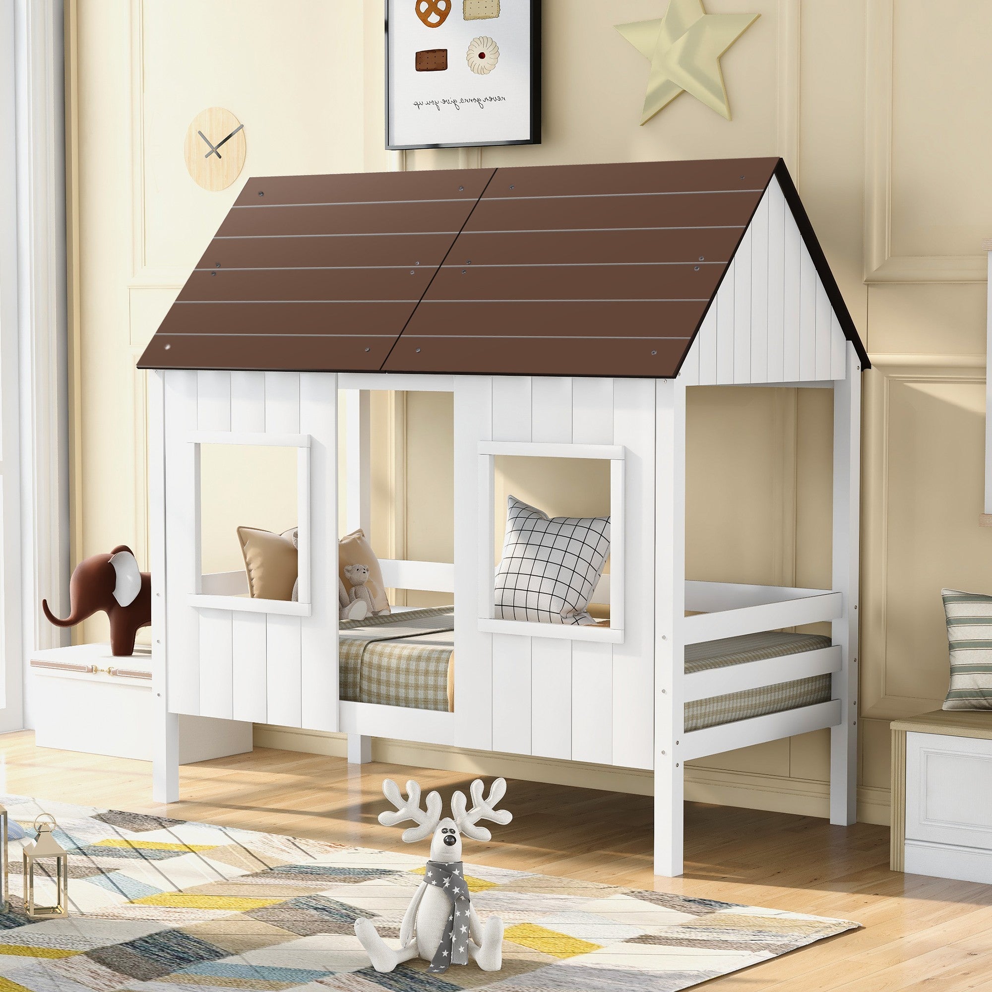 Gray Over White Twin Loft Bed House With Front Windows