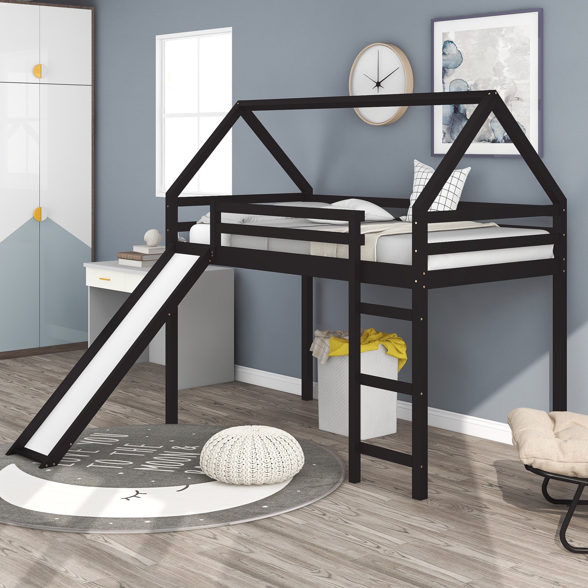Brown Twin Size Slide House Loft Bed Default Title