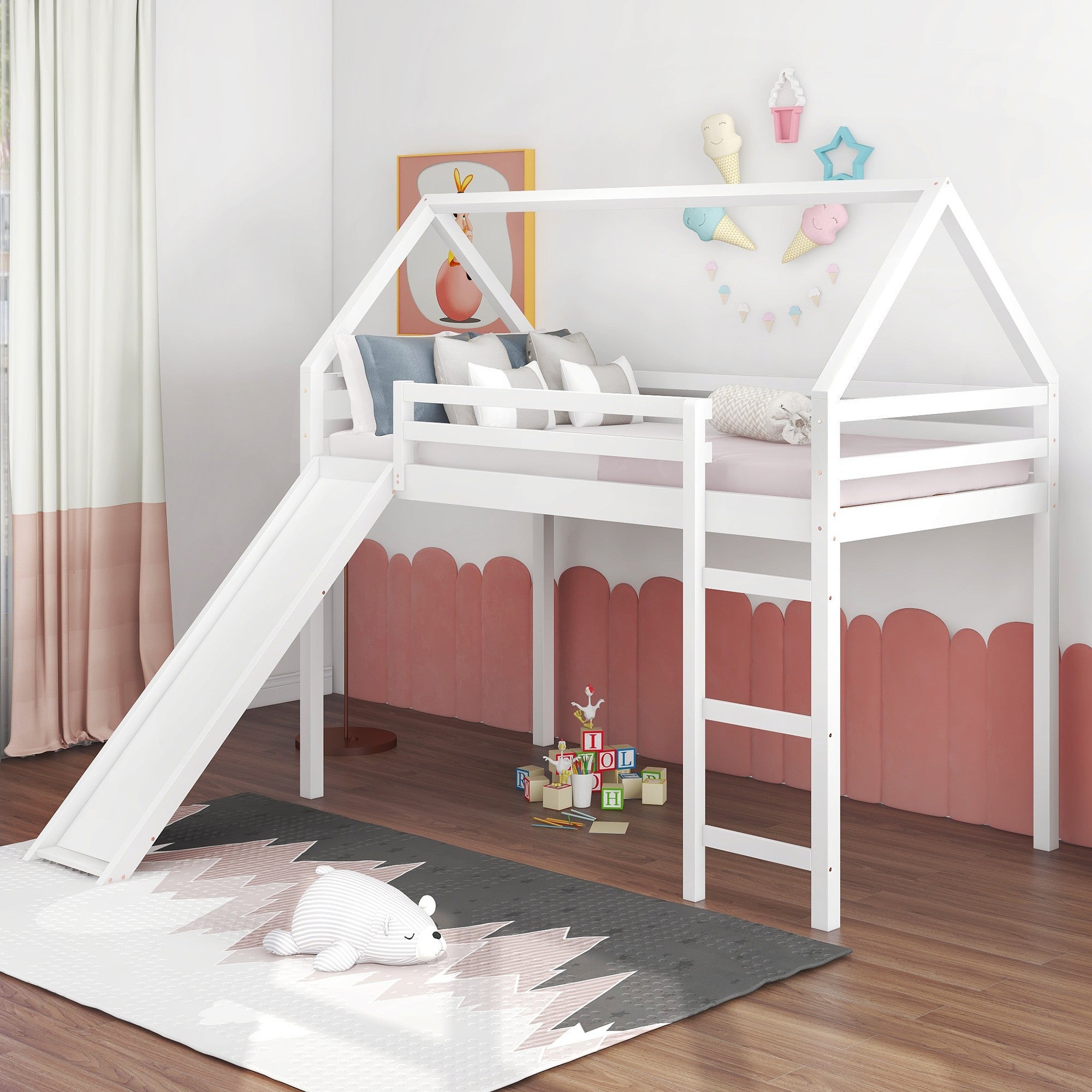 White Twin Size Slide House Loft Bed