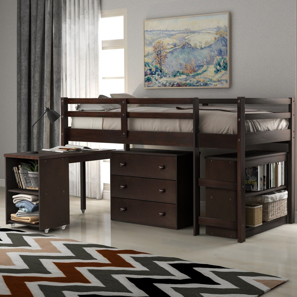 Brown Low Twin Loft Bed With Cabinet and Desk Default Title