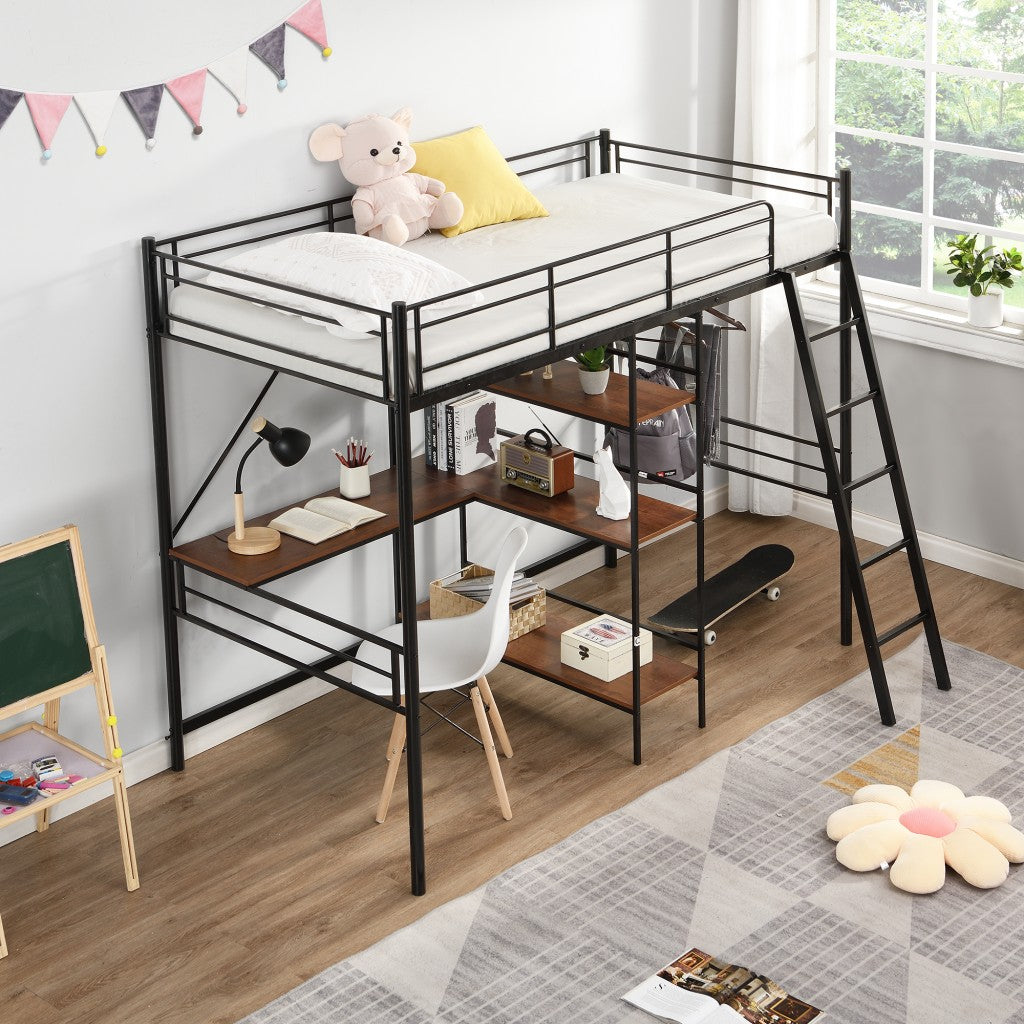 Black Twin Size Metal Loft Bed With Desk and Shelves