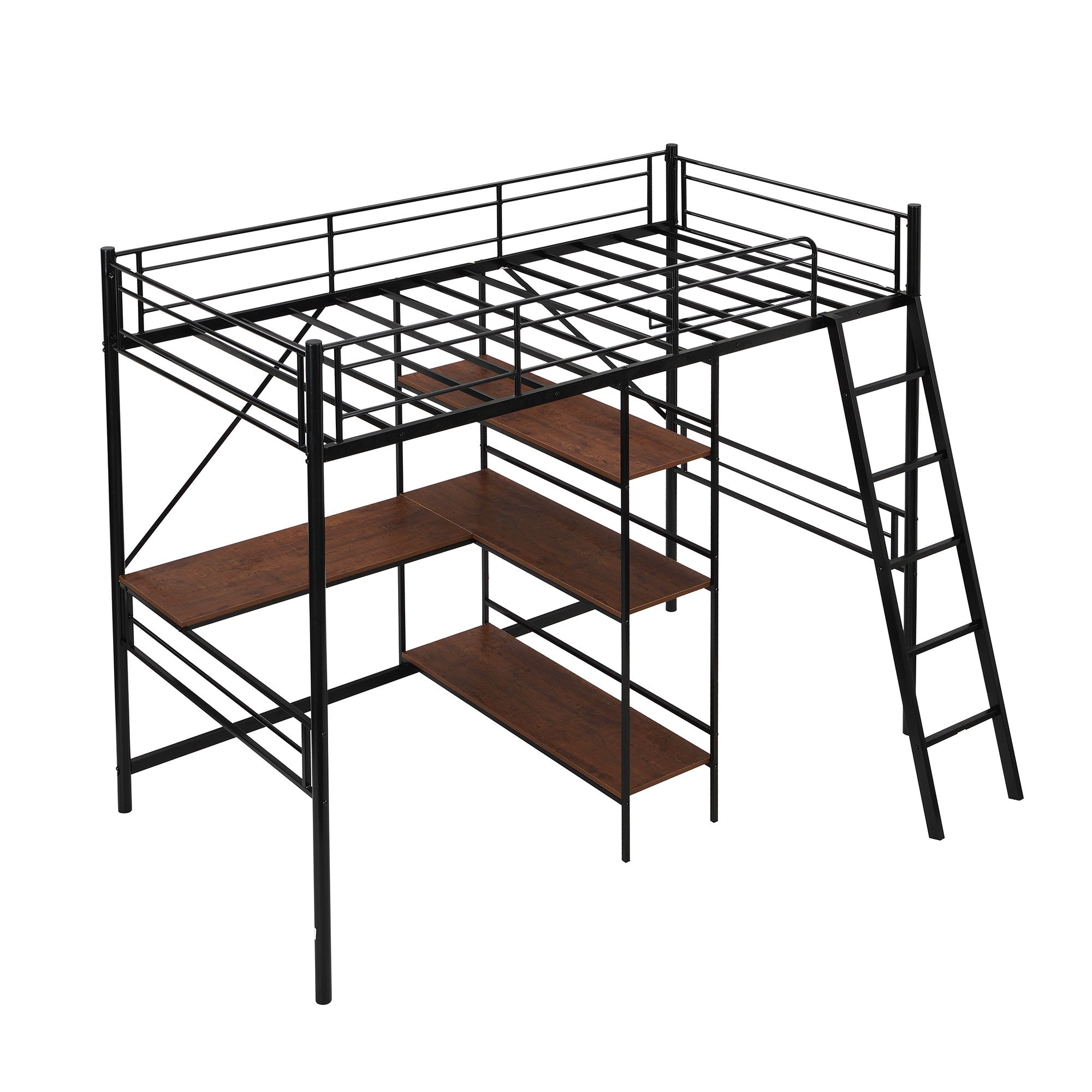 Black Twin Size Metal Loft Bed With Desk and Shelves Default Title