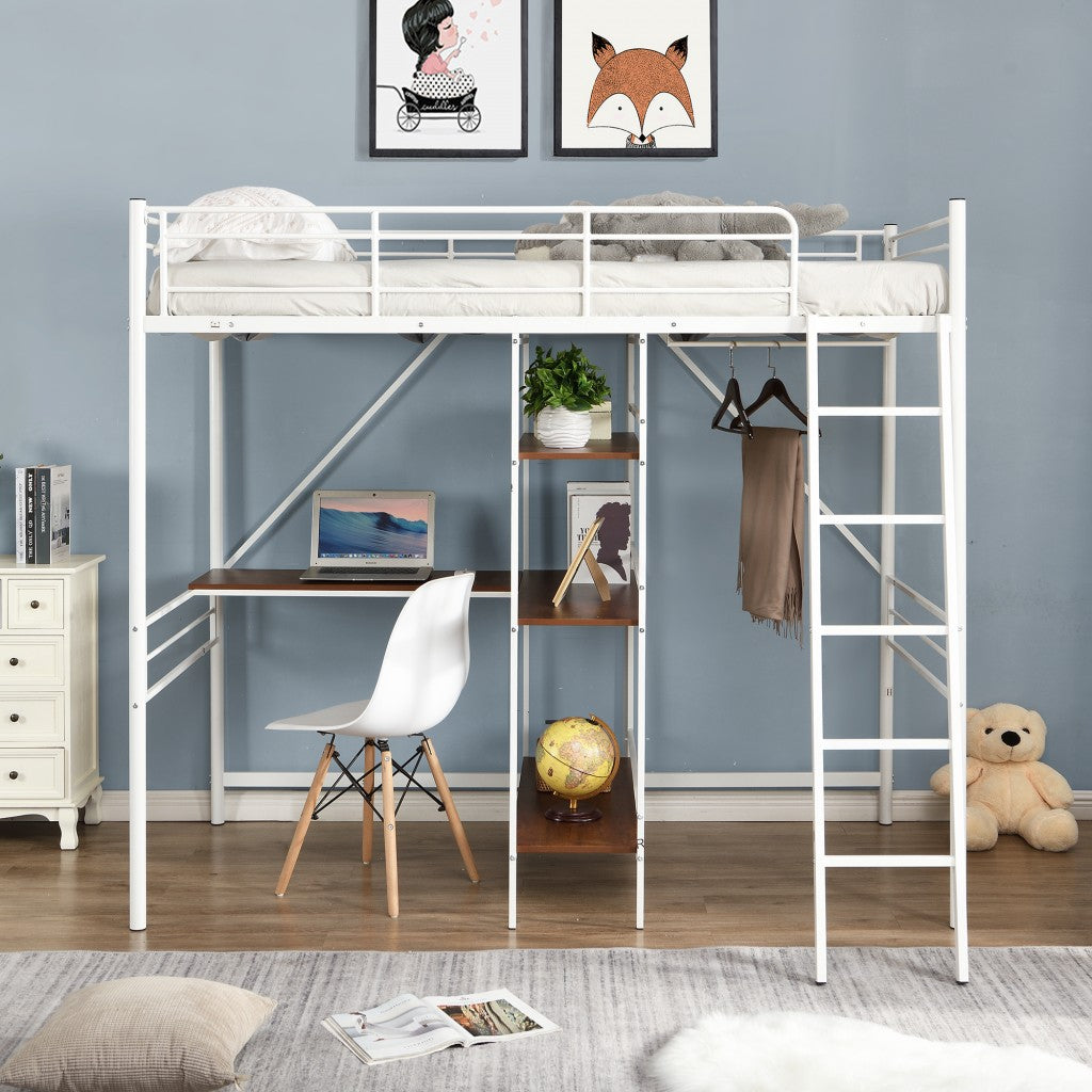 White Twin Size Metal Loft Bed With Desk and Shelves