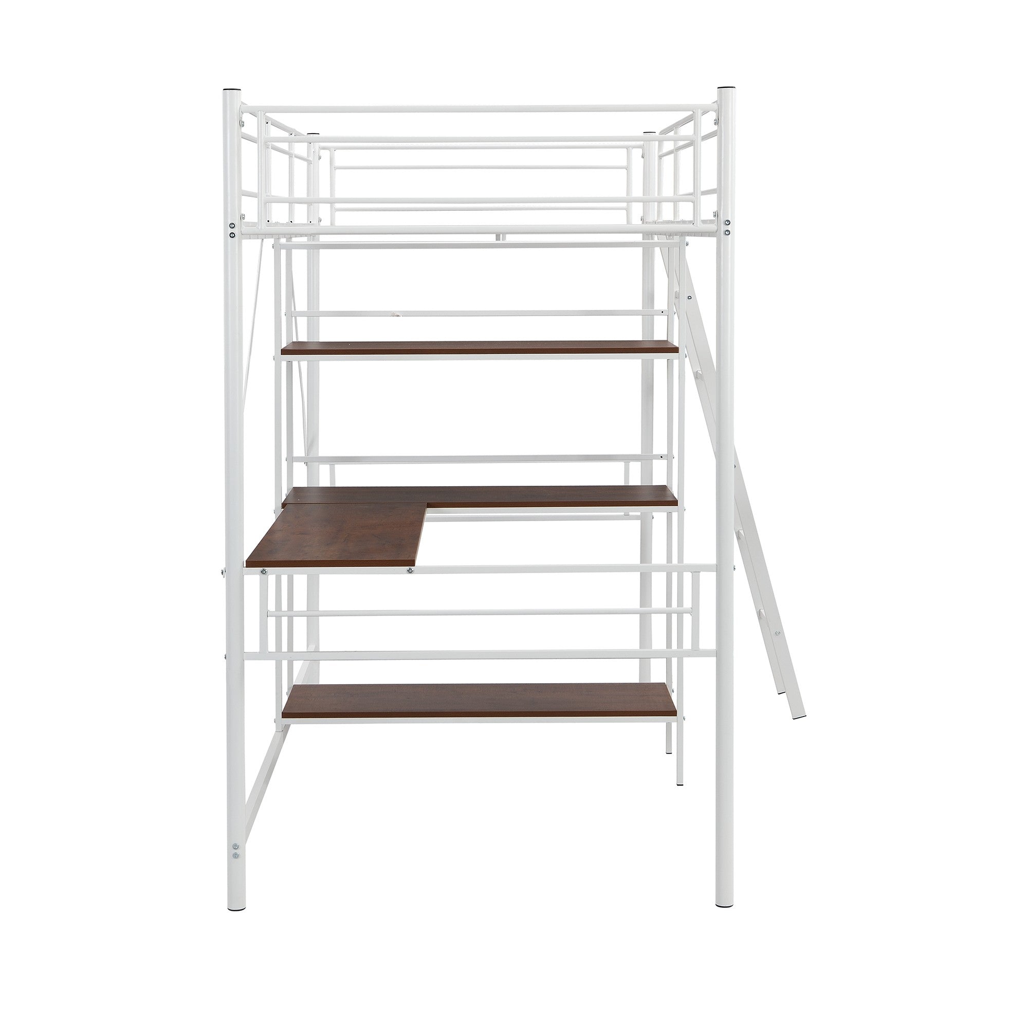White Twin Size Metal Loft Bed With Desk and Shelves