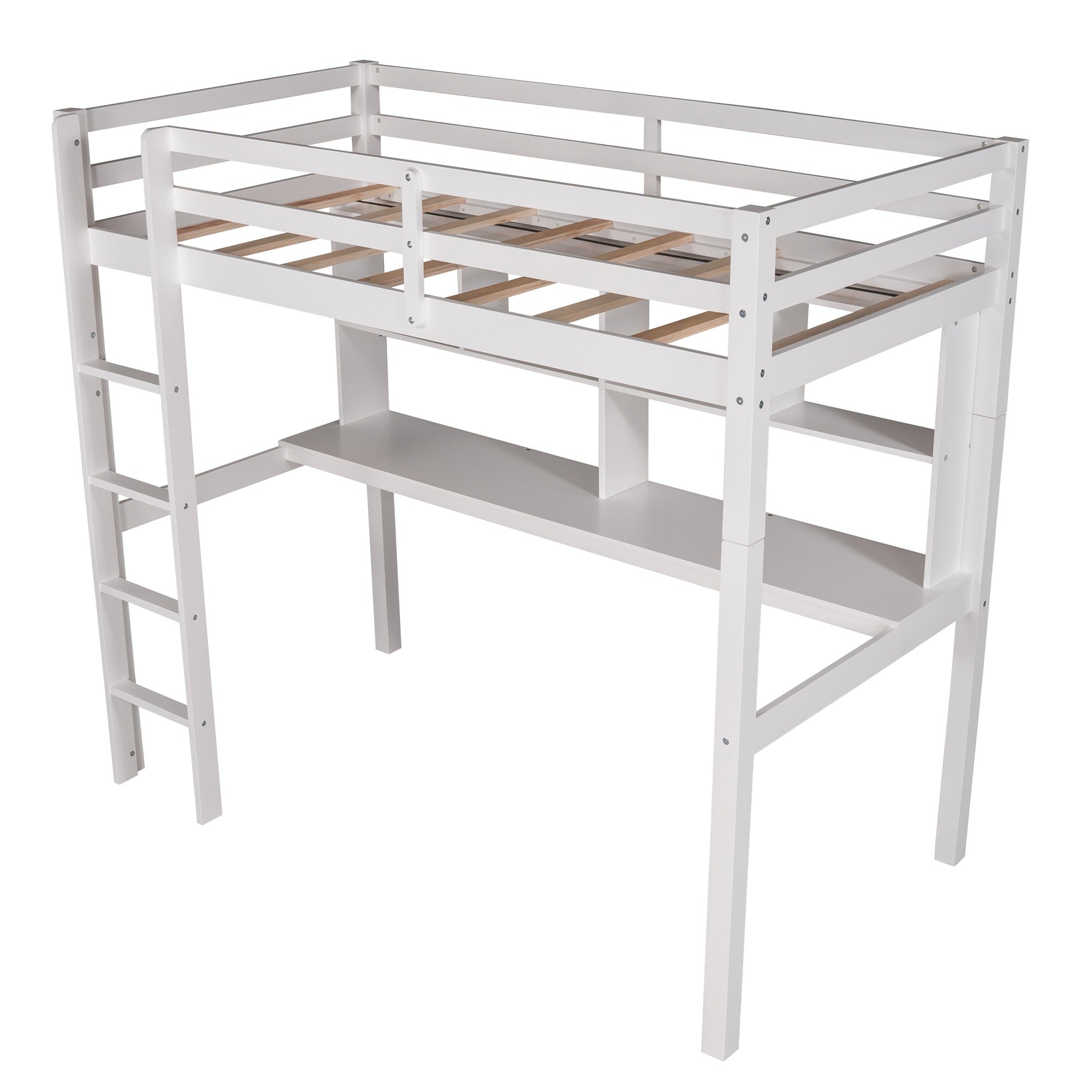 White Twin Loft Bed With Desk and Shelves Default Title