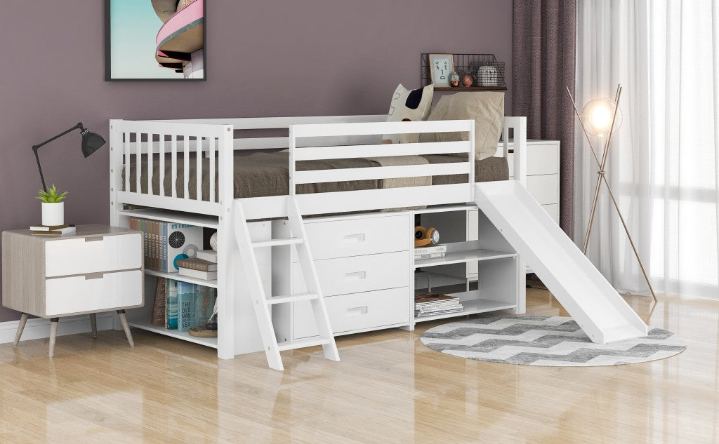 White Twin Loft Bed With Cabinet and Shelves Default Title