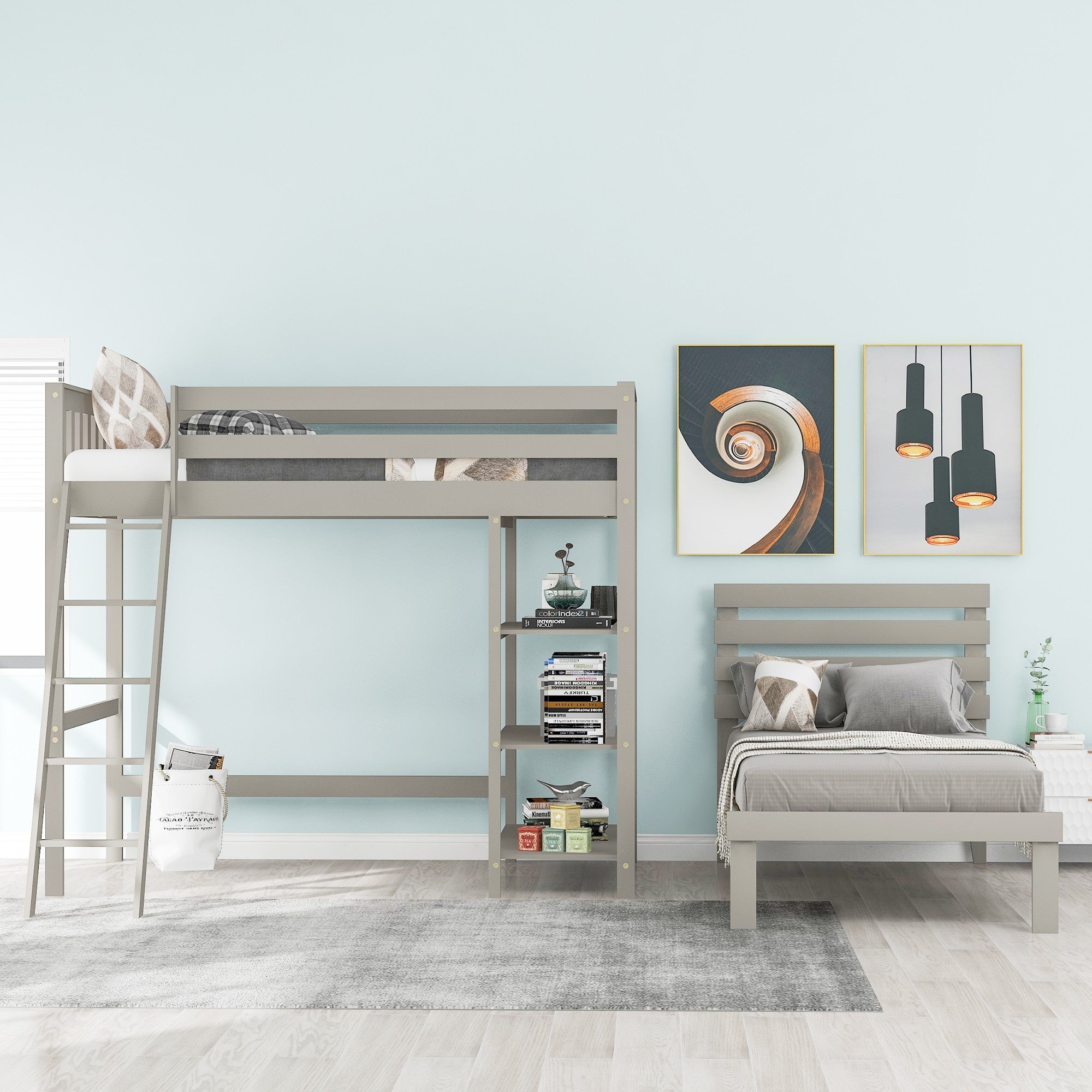 Gray Double Twin Size Ladder Loft Bed With Headboard