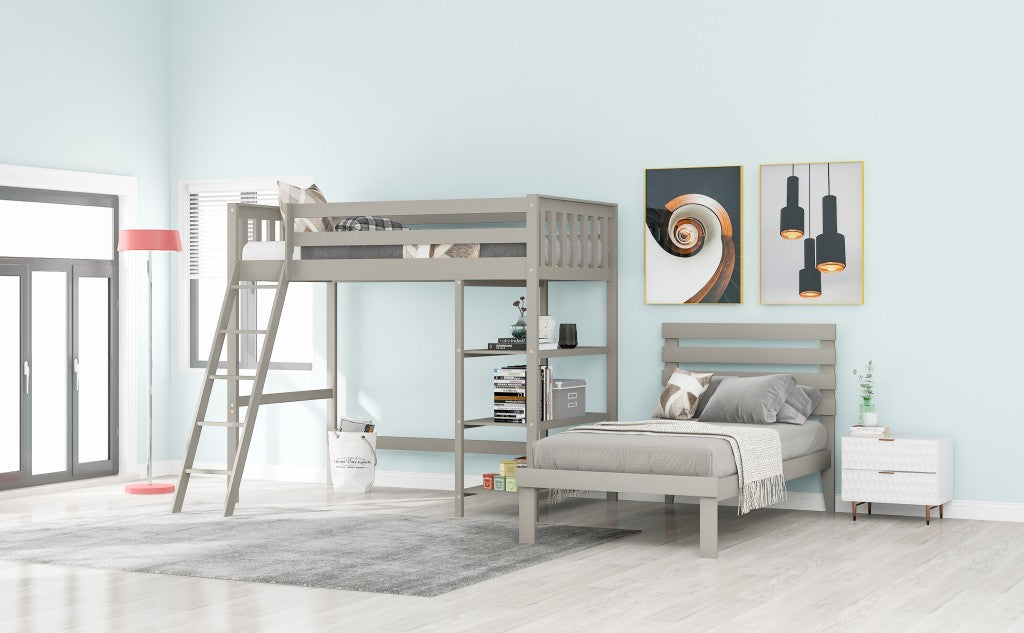 Gray Double Twin Size Ladder Loft Bed With Headboard