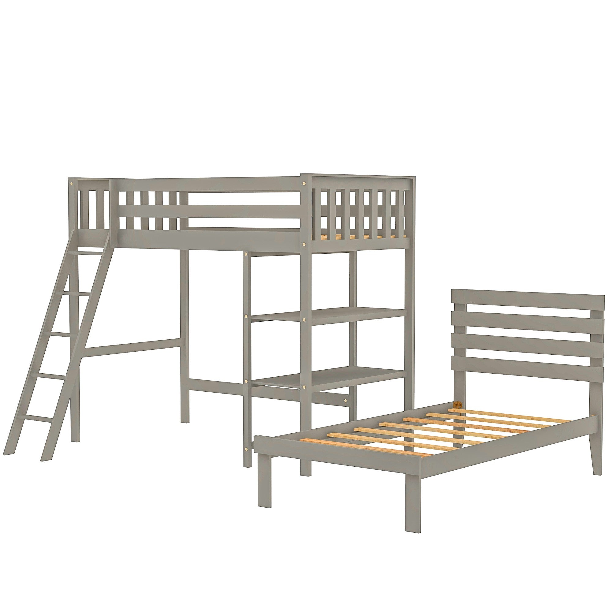 Gray Double Twin Size Ladder Loft Bed With Headboard