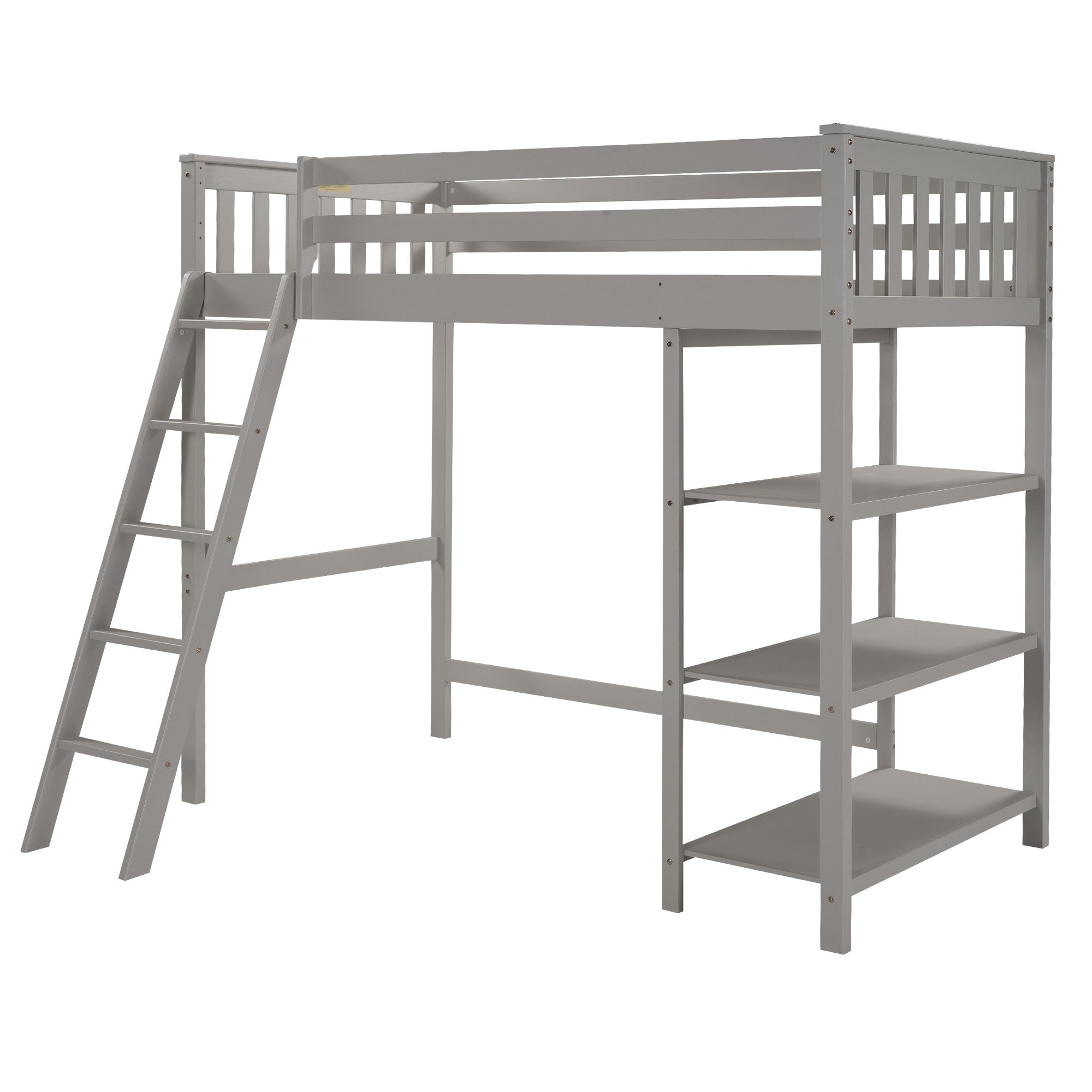 Gray Double Twin Size Ladder Loft Bed With Headboard