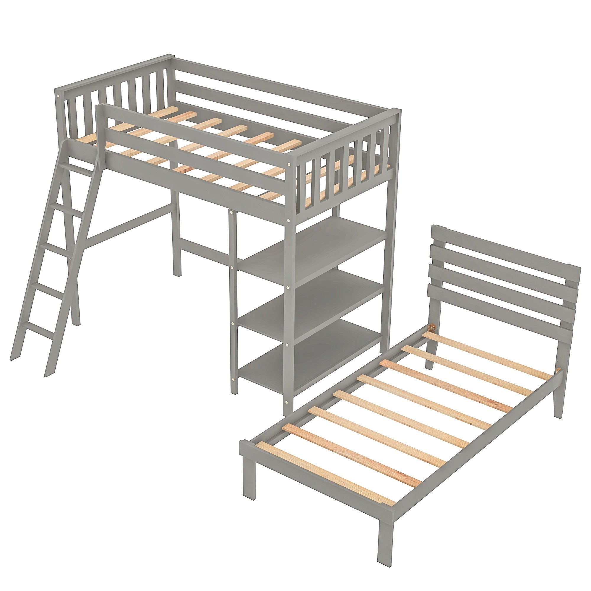 Gray Double Twin Size Ladder Loft Bed With Headboard