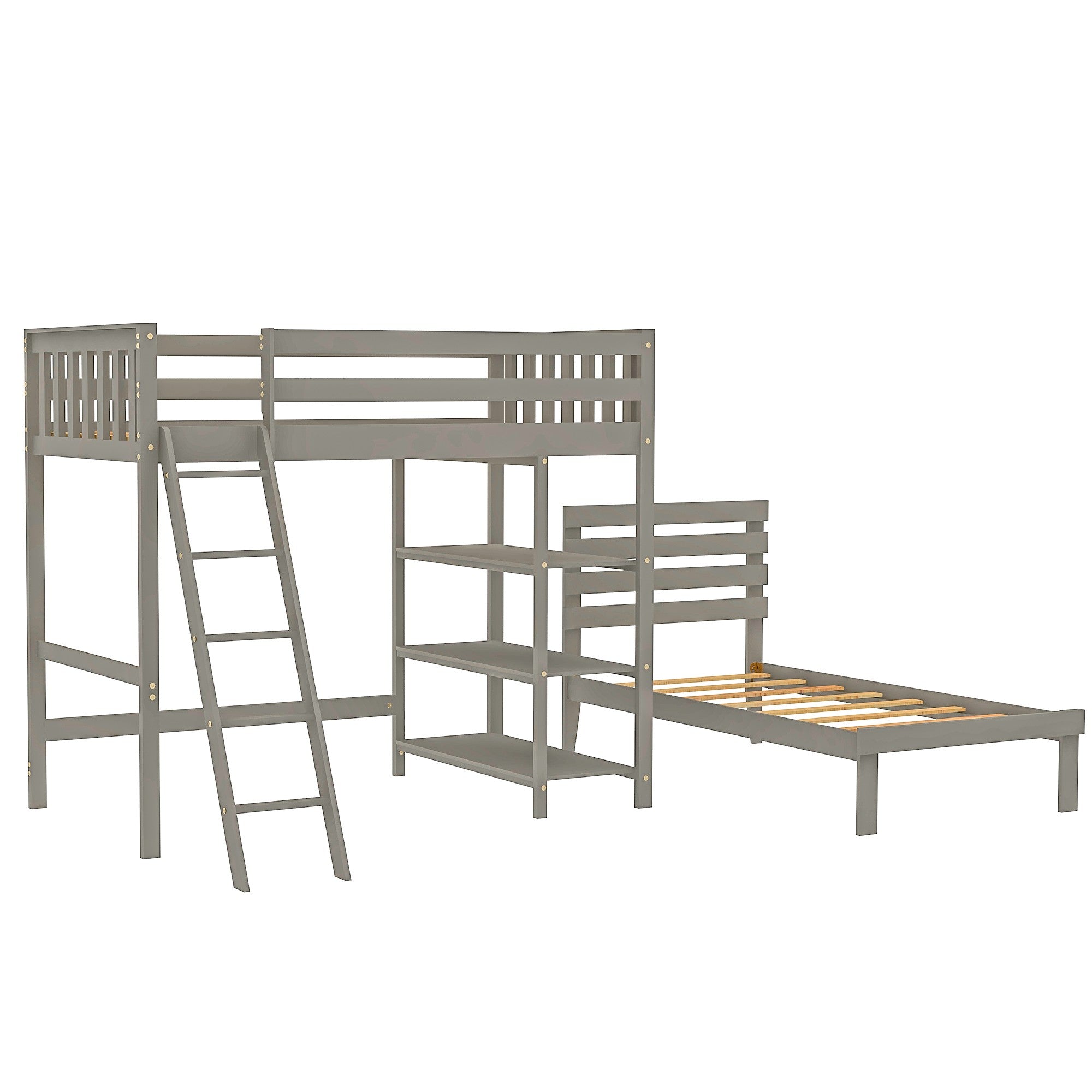 Gray Double Twin Size Ladder Loft Bed With Headboard