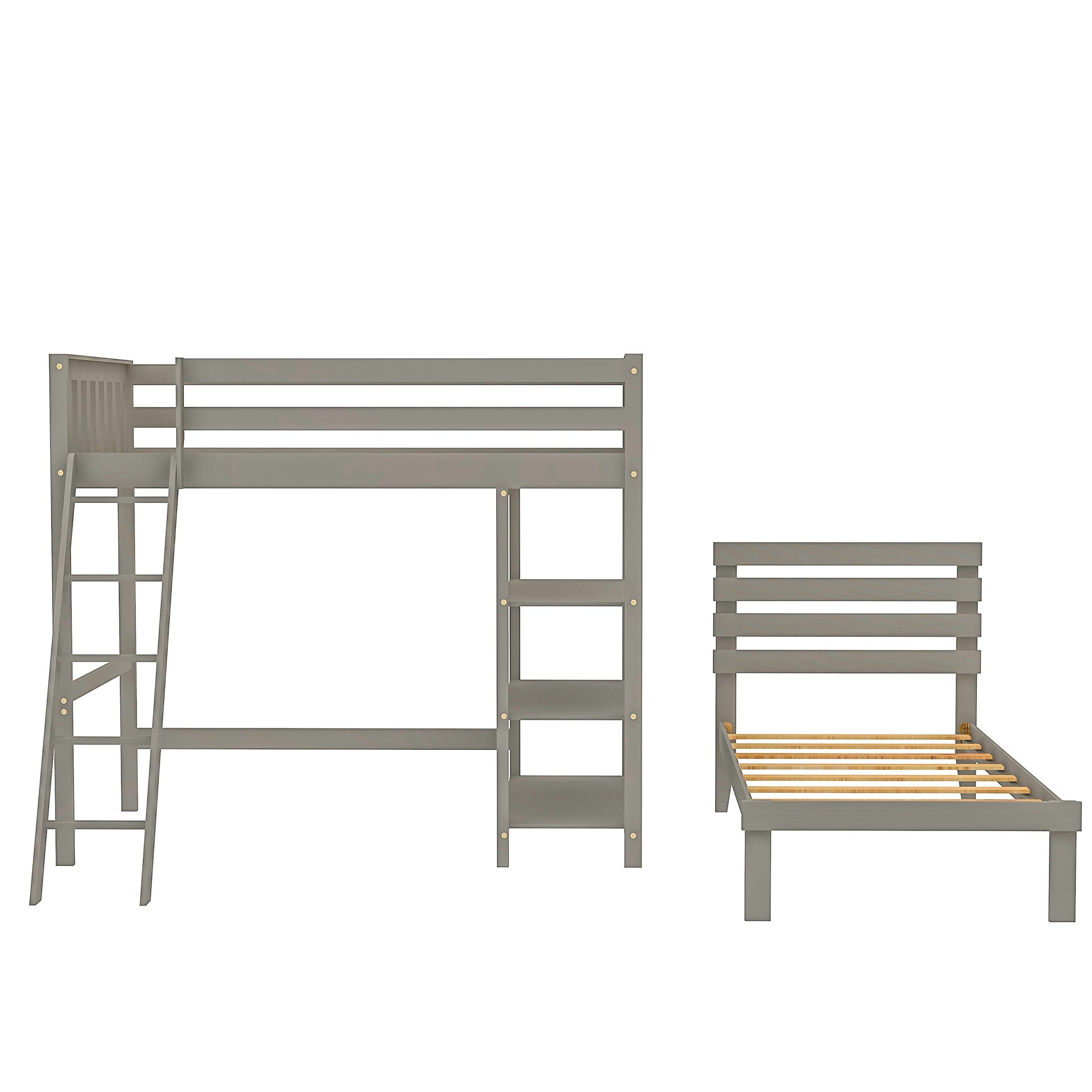 Gray Double Twin Size Ladder Loft Bed With Headboard